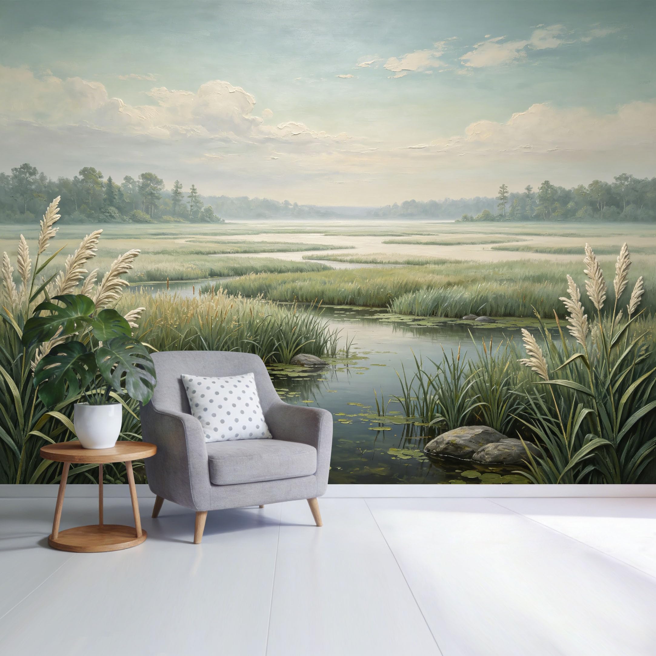 Custom Size Wall Mural Tranquil Lake Landscape with Reeds and Water Lilies Botanical Nature Scenery SelfAdhesive Wall Fabric Removable Wallpaper for Home Office Decor