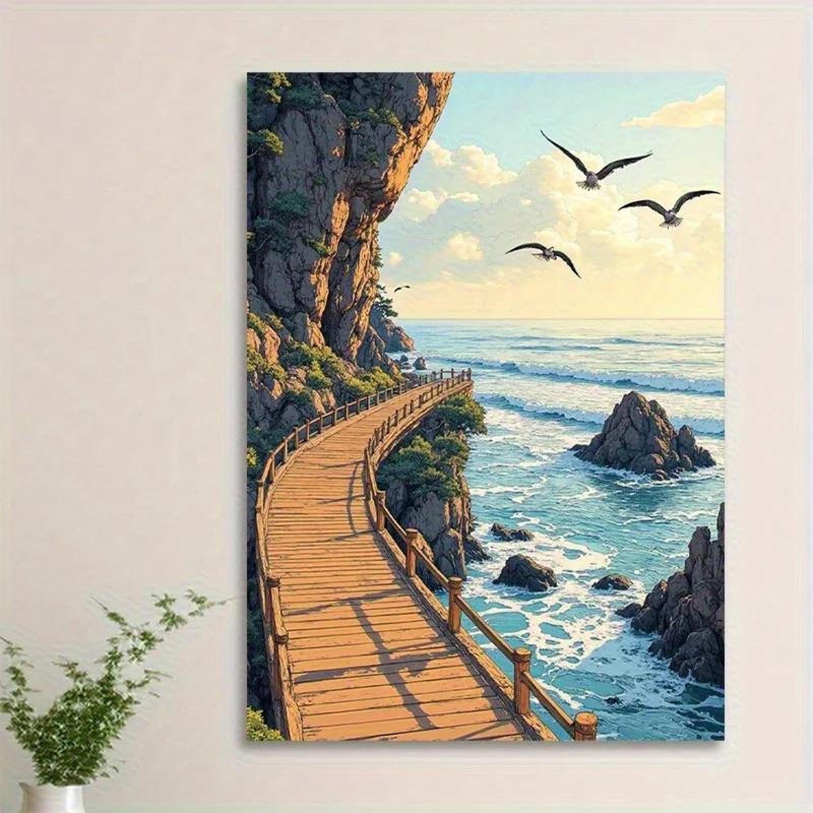 Yocheng Serene Seaside Wall Art Canvas Print-Coastal Landscape With Birds & Cliff Walkway,Vibrant Colors 21x30cm No Frame