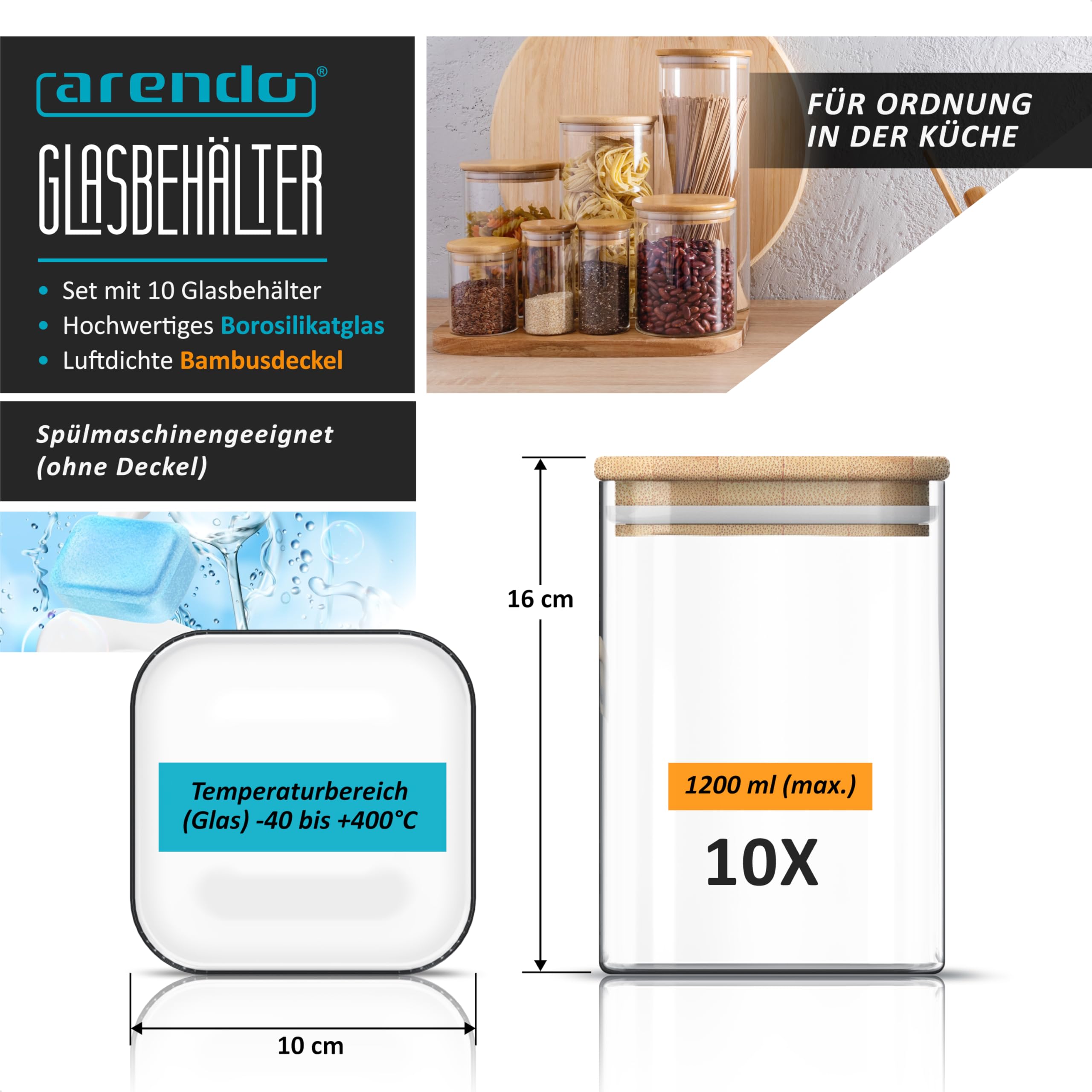 Arendo - Vorratsbehälter mit Deckel 1200ml - 10er Set - Behälter aus Glas – hitzebeständig – Vorratsdosen/Vorratsgläser mit Bambusdeckel - luftdicht - für Müsli Zucker Mehl Kaffee Reis