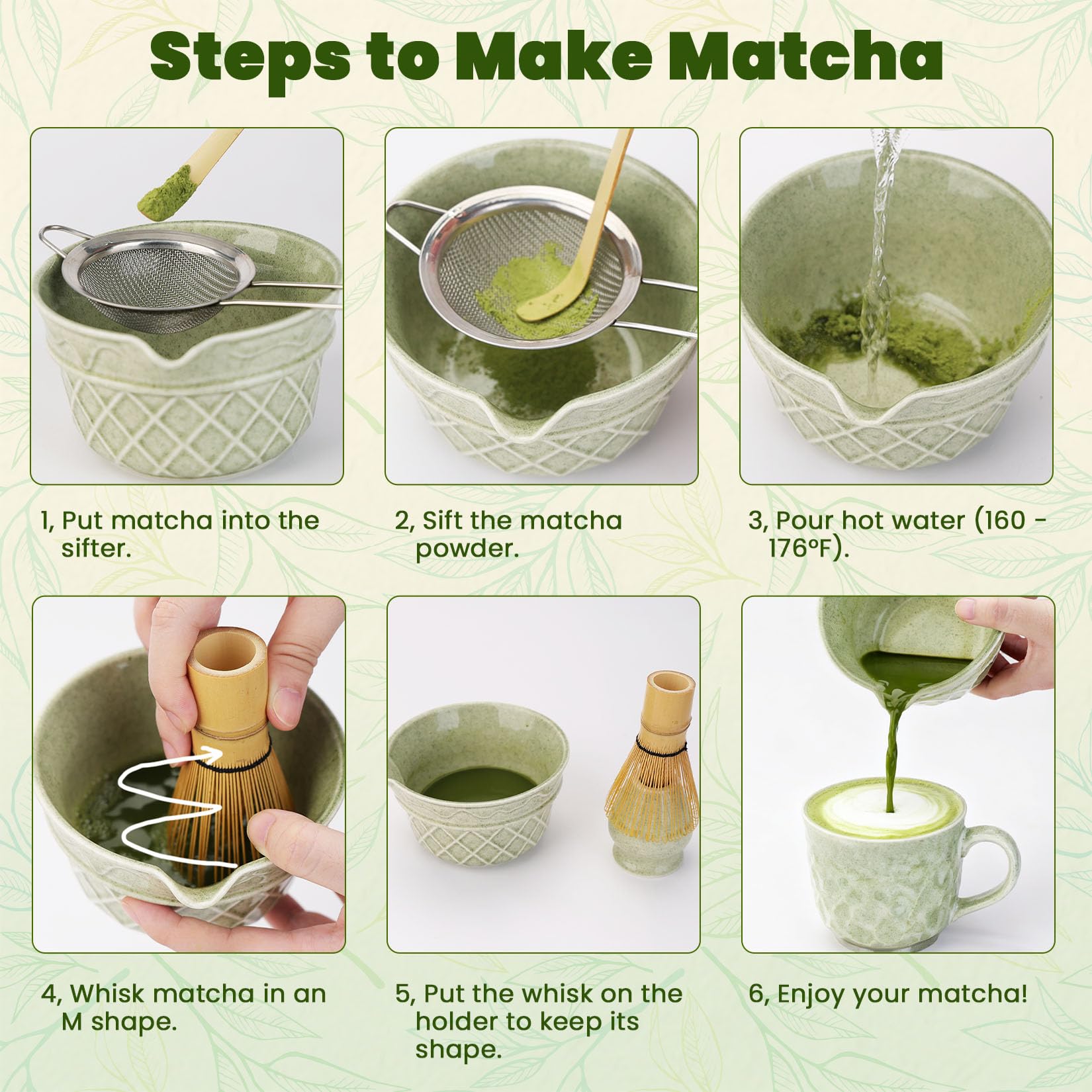 Kit Matcha 6 Pièces Pour Débutants - Bol, Fouet En Bambou, Cuillère, Filtre, Support