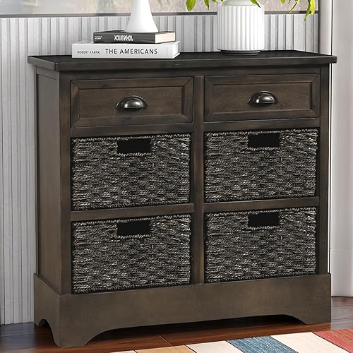 Amposei Armario de almacenamiento de entrada de madera rústica de 28 pulgadas, mesa consola pequeña con cajones y cestas organizadoras tejidas de