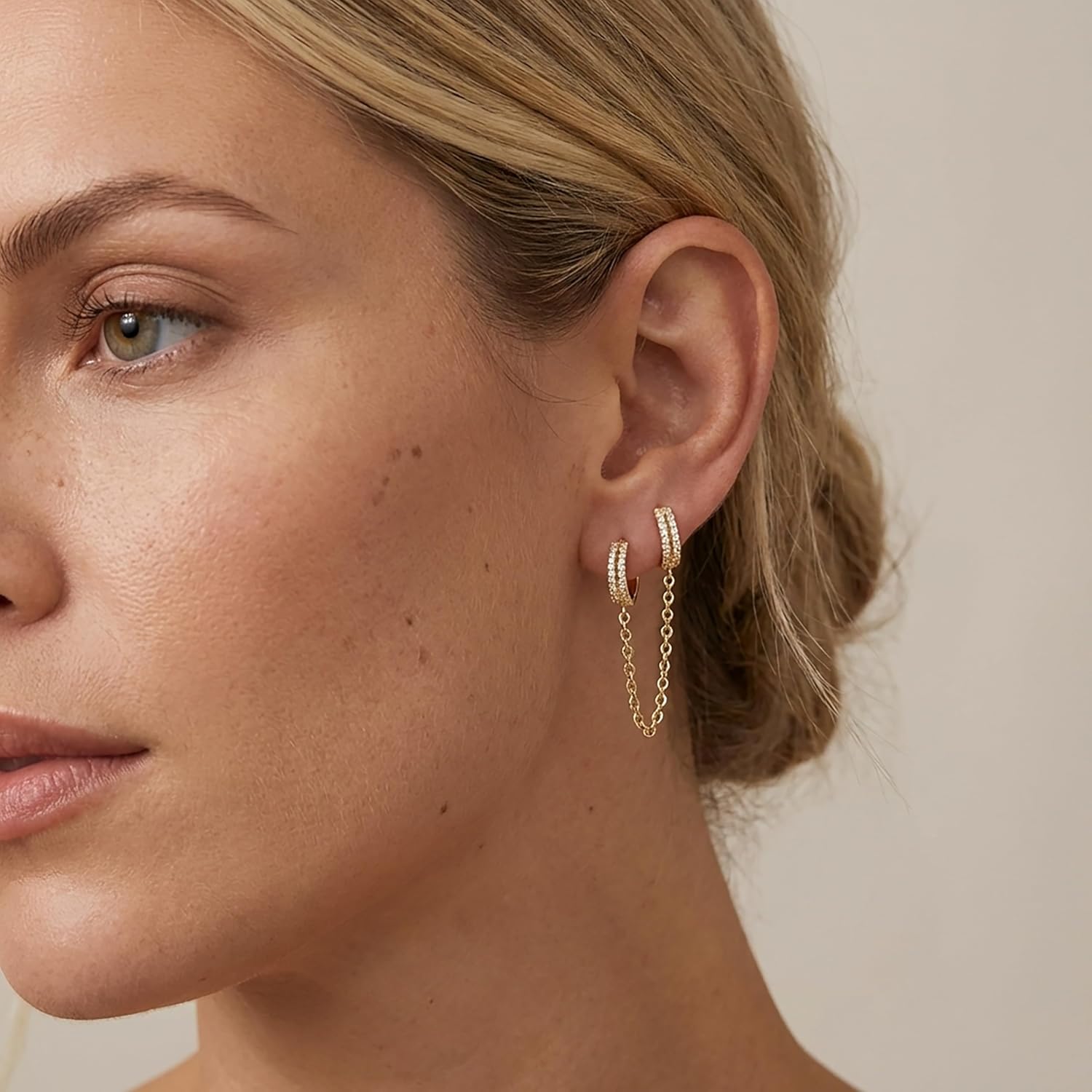 Gold Chain Earrings for Women, Hypoallergenic Huggie Hoop Stud for Catilage Conch Double Piercing, St. Patrick's Day Sterling Silver Chain Earring Jewelry - Image 5