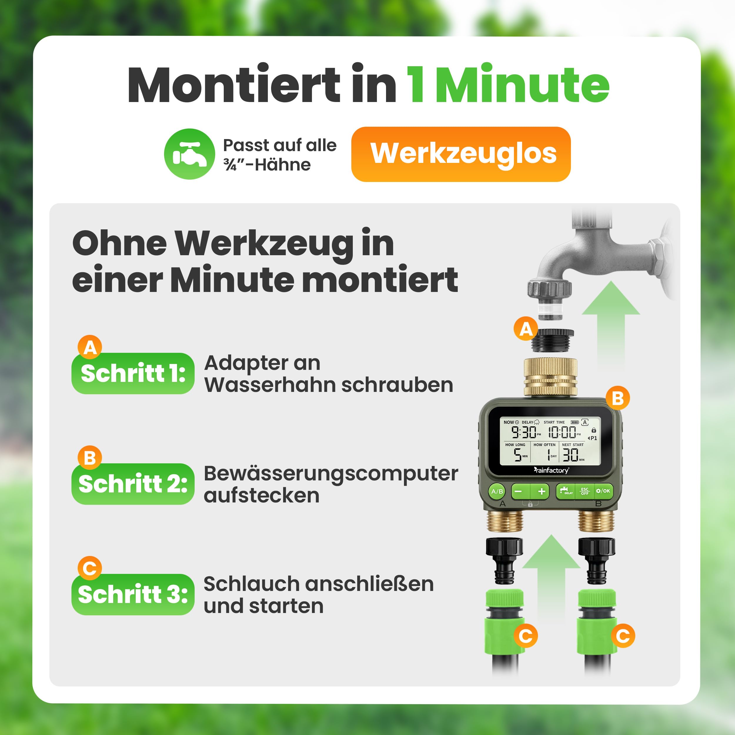 rainfactory Bewässerungscomputer 2 Ausgänge - automatische Bewässerungssteuerung für Garten - Bewässerungsuhr mit 4 Programmen, Delay - Wasser Zeitschaltuhr IP65, 3/4 Zoll für Rasen Beet & Topf Balkon