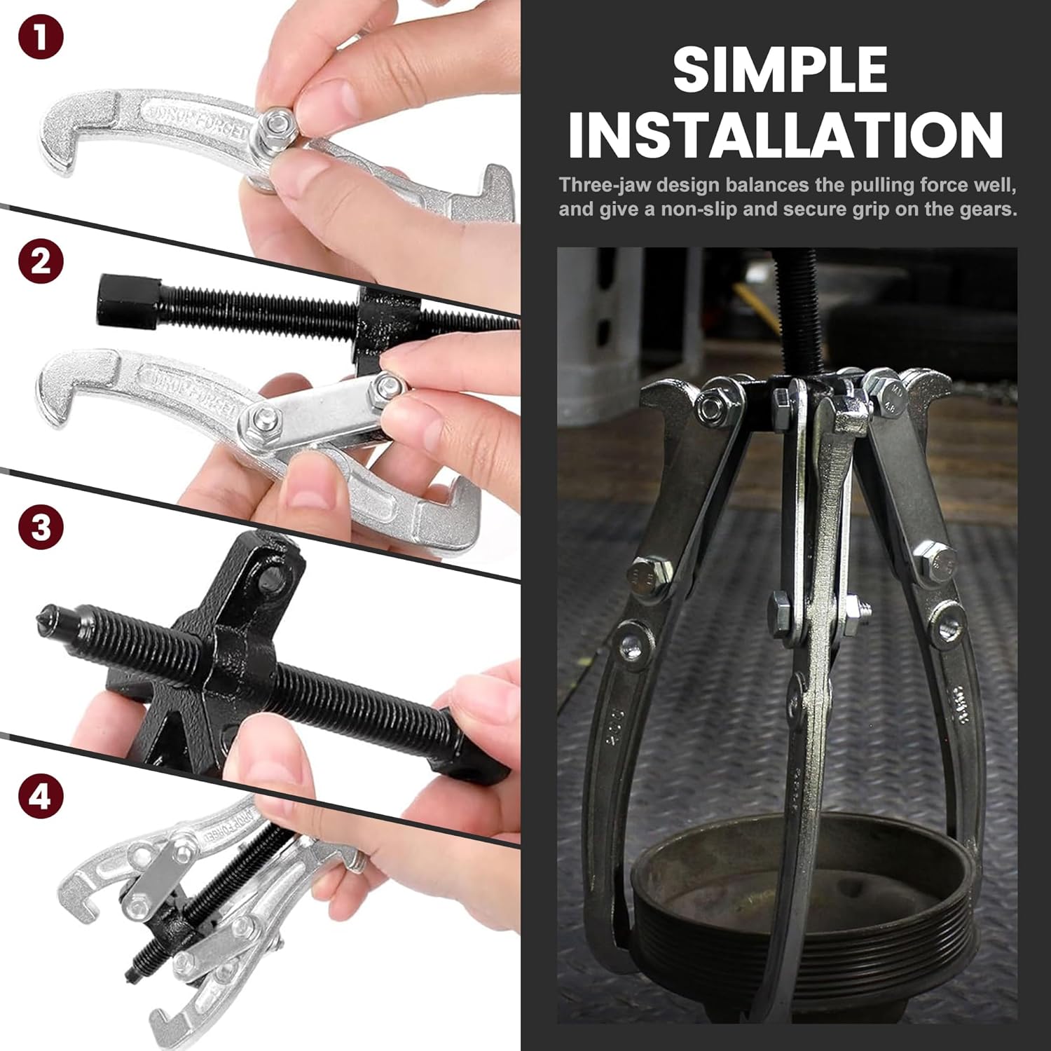 Motor Tech Gear Puller Set, 3" 4" 6" 8'' 3 Jaw Puller Kit for Pulley Gear Bearing Flywheel Removal, Heavy Duty Pulley Puller with Reversible Jaws Bearing Puller Tool Kit (3'' 4'' 6'' 8'')