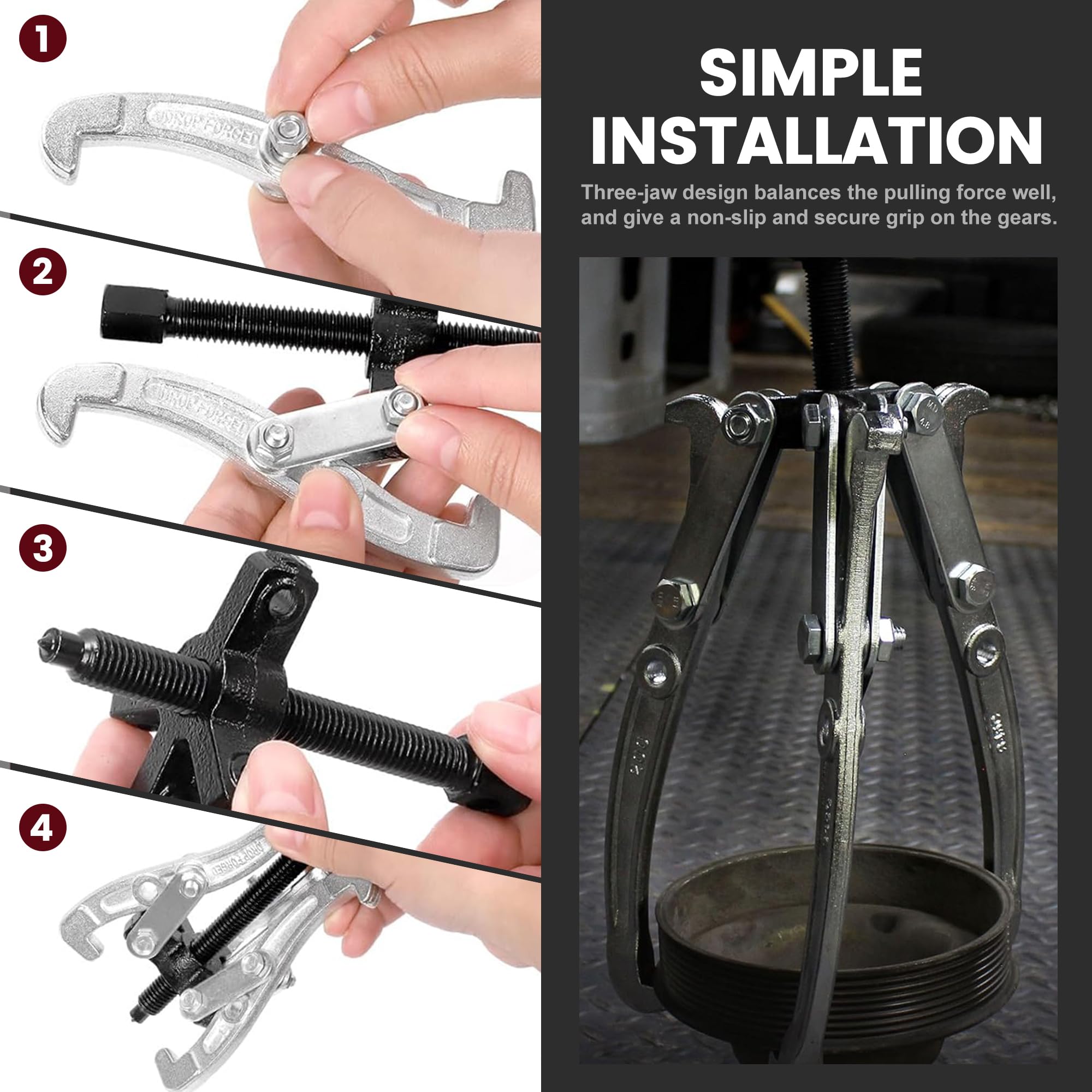 Motor Tech - Juego de extractor de engranajes de 3, 4, 6, 8 pulgadas, 3 mandíbulas, para extracción de ruedas de engranaje de polea, extractor de polea resistente con mandíbulas reversibles, kit de