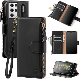 Shieldtop Compatible with Samsung Galaxy S21 Ultra 5G Wallet Case with Card Holder,Women Men RFID Blocking PU Leather Phone Case Flip Protective Cover Wrist Strap Zipper Credit Card Slots,Black