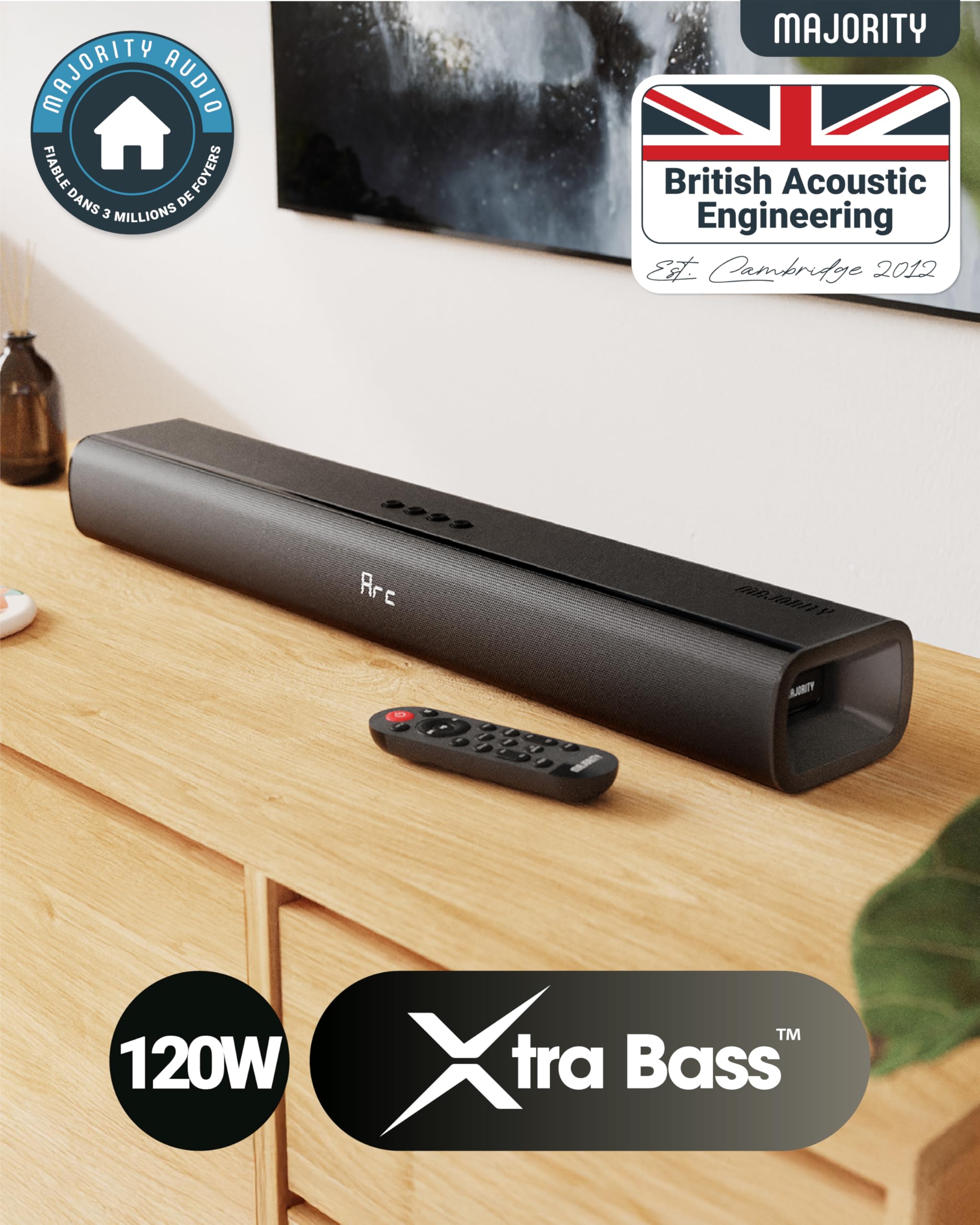 Majority Barre de Son TV Bluetooth, Home Cinema, 120W 2.1 Enceinte TV | 2.0-2.2 Subwoofer | 80W-300W Soundbar Montage Mural, HDMI ARC, Opt, AUX, USB, Télécommande | Majority Naga 60 Barres de son