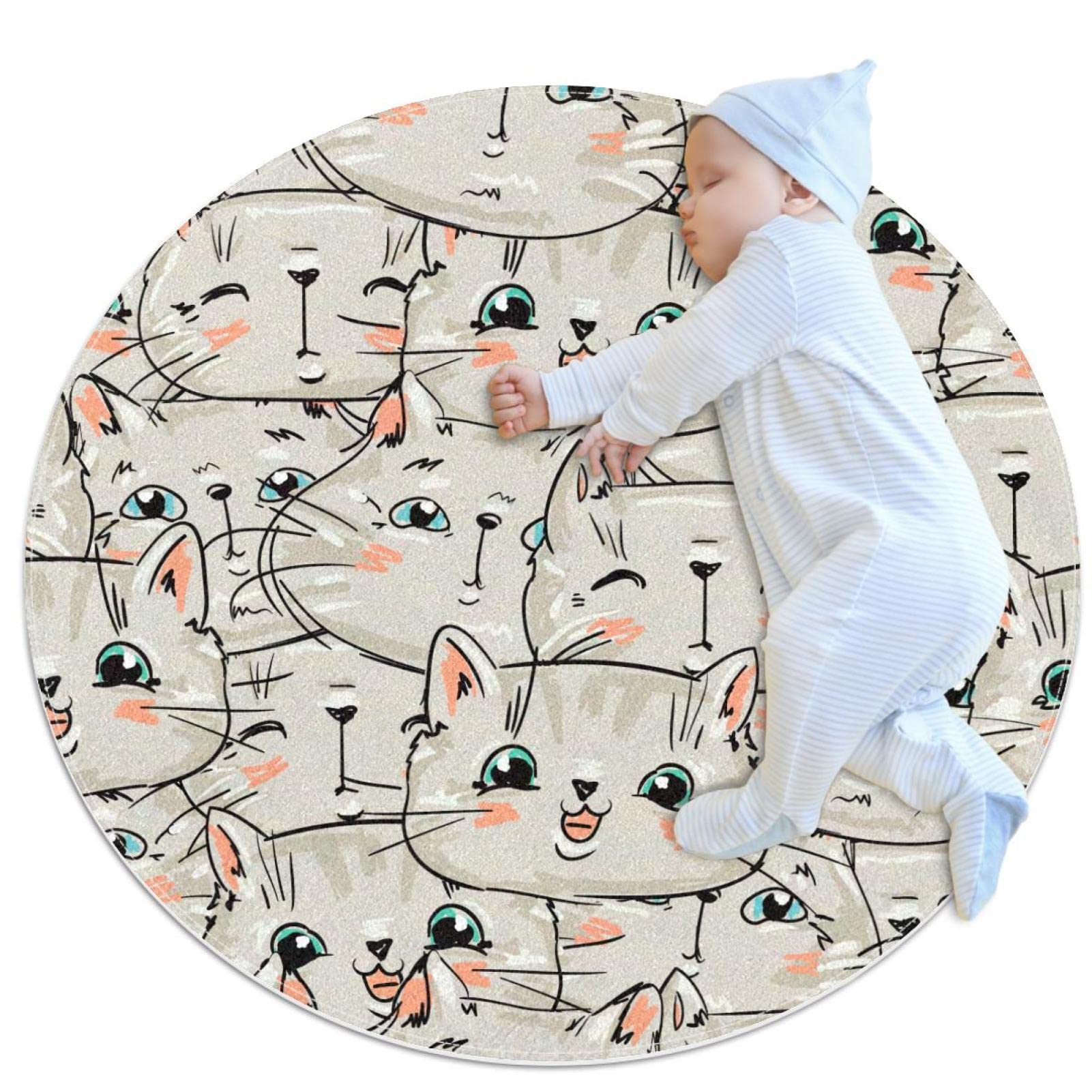 Tapis de salle de bain anti-glisse rond motif chat mignon sans couture pour chambre enfant