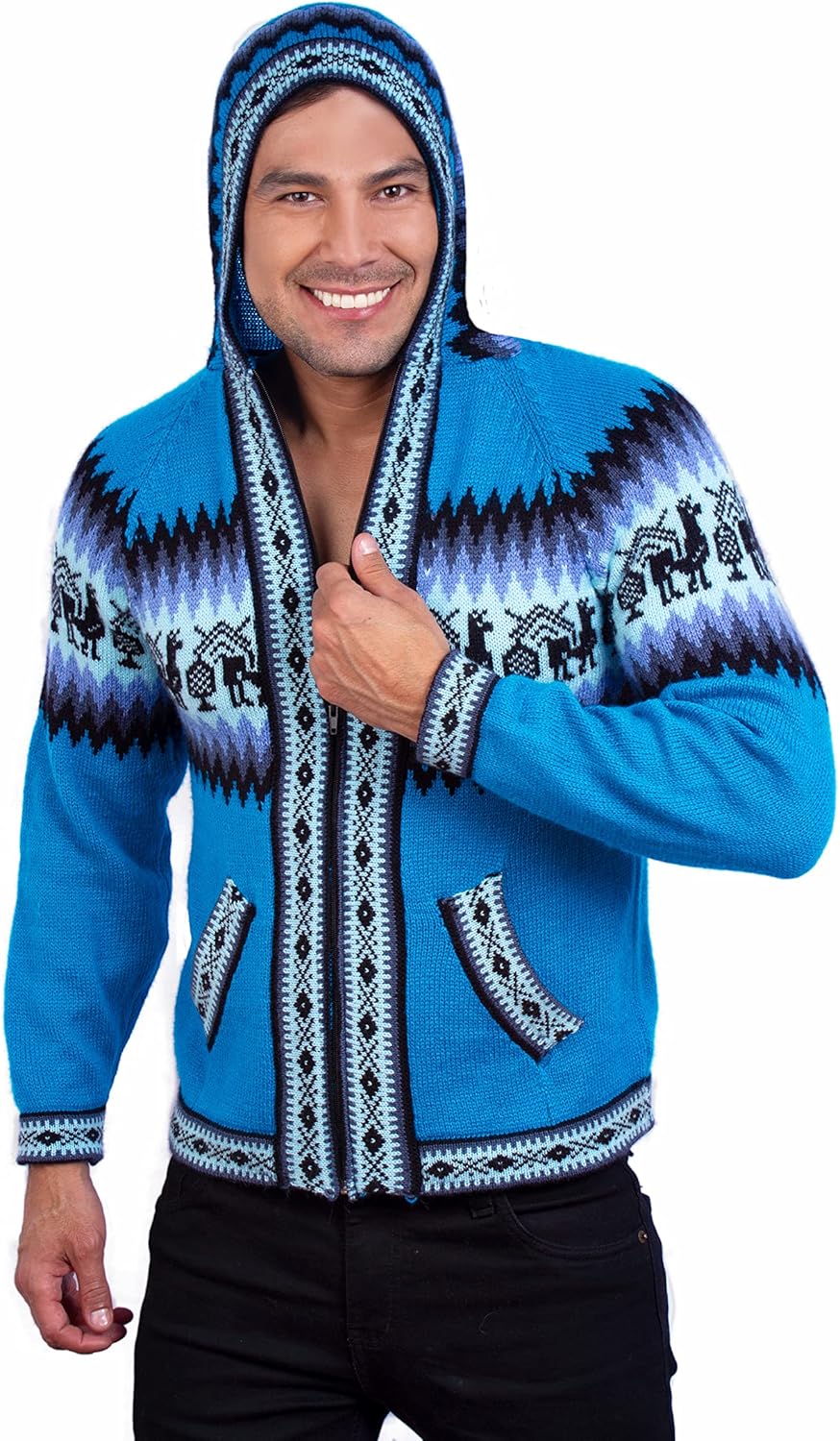 Alpaca Mens Knit Hoddie Turquoise Sweater - Full Zip Up Hooded Cardigan Knit in Alpaca Wool