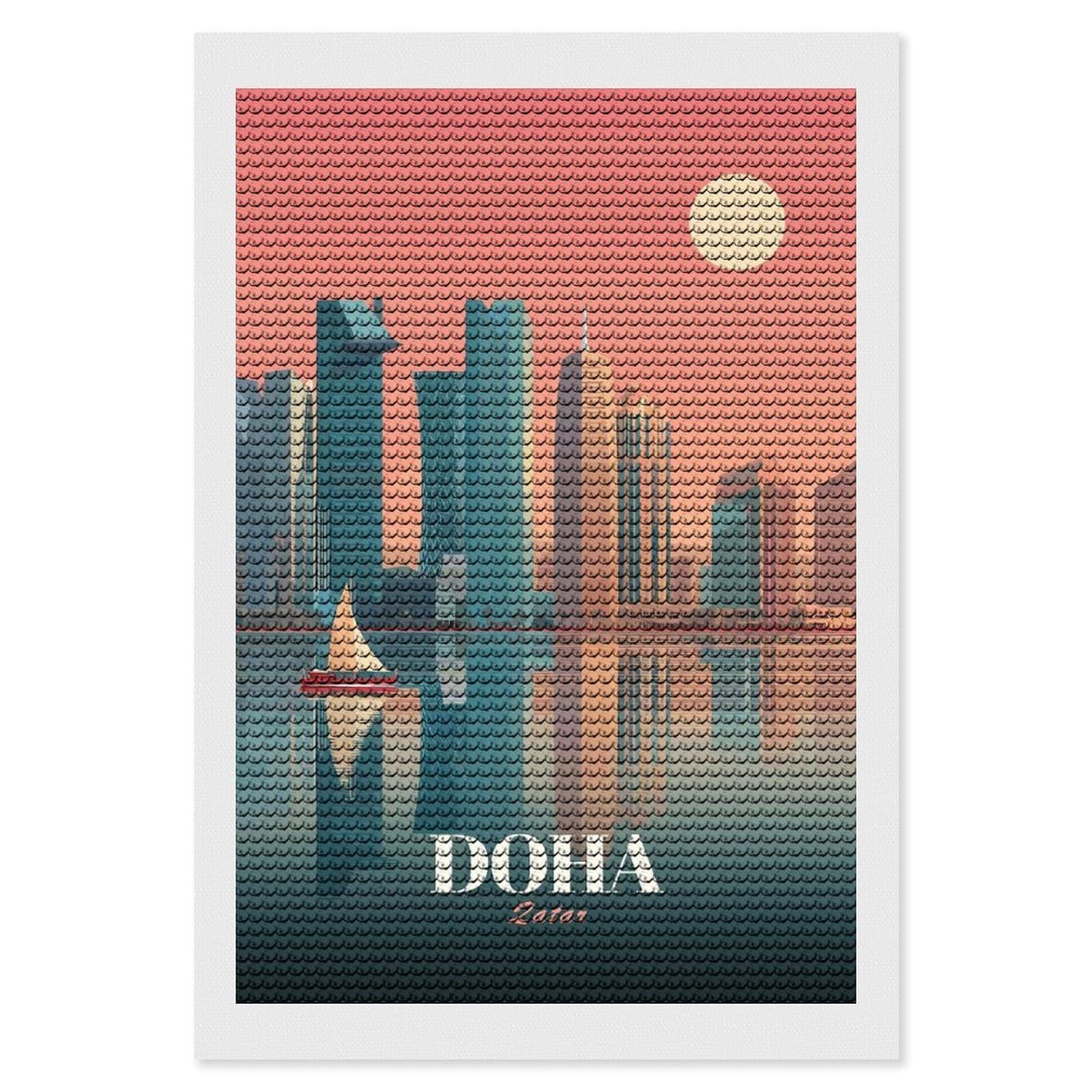 Junmoney Doha Qatar Skyline Illustration Diamond Painting Canvas Set 8"x12", Full Kit Included, Calming Craft to Unwind, Farmhouse Decor, Christmas Gift