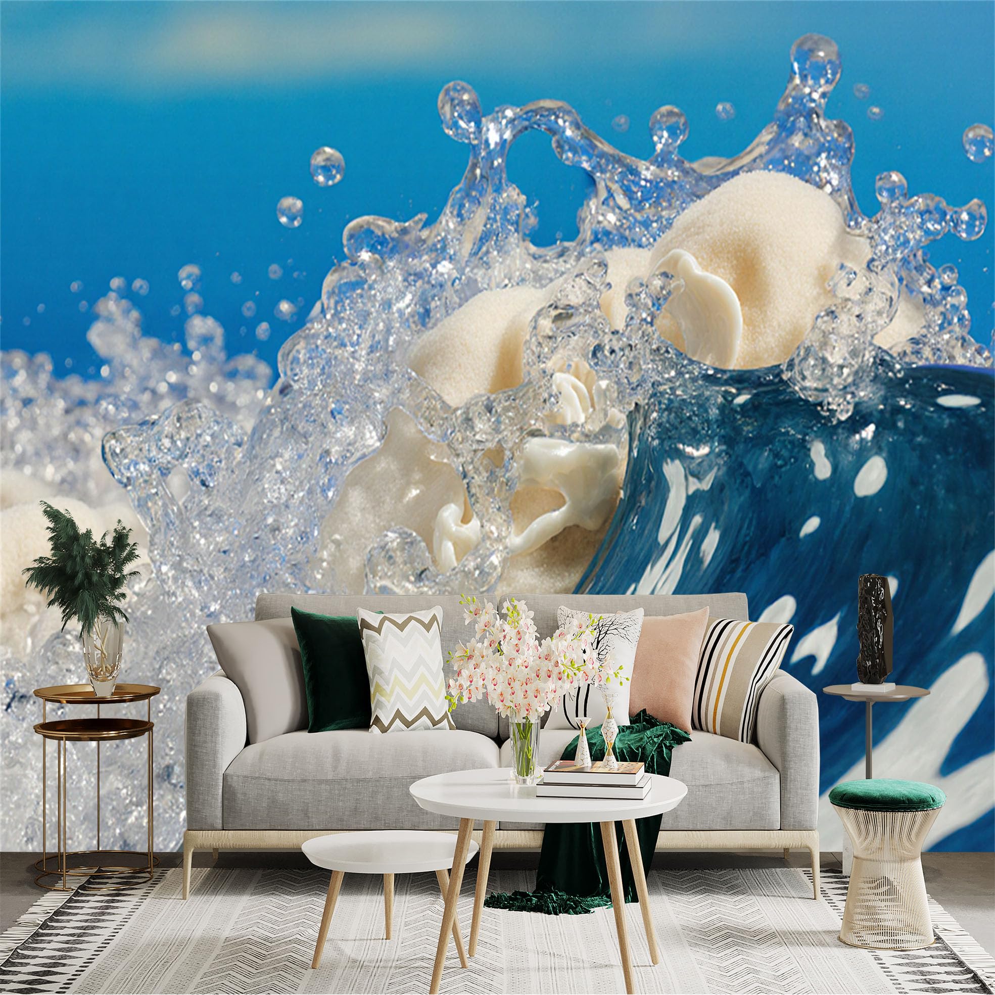 Custom Size Wall Sticker Mural， Blue Ocean Wave， Splashing Water Drops， Sea Foam， Summer Tropical Scenery， for wall Decoration， peelandstick wall Decals.