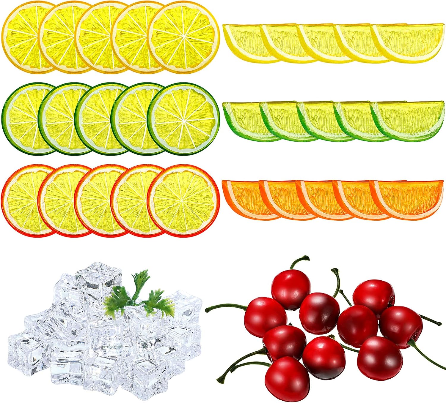 MTLEE 90pcs Artificial Plant Fruit Decor Set, Including 30 Simulation Lemon Slices, 50 Clear Acrylic Ice Cubes, 10 Artificial Cherry Fruits for Home Decor, Wedding Vase Filler, Photo Prop