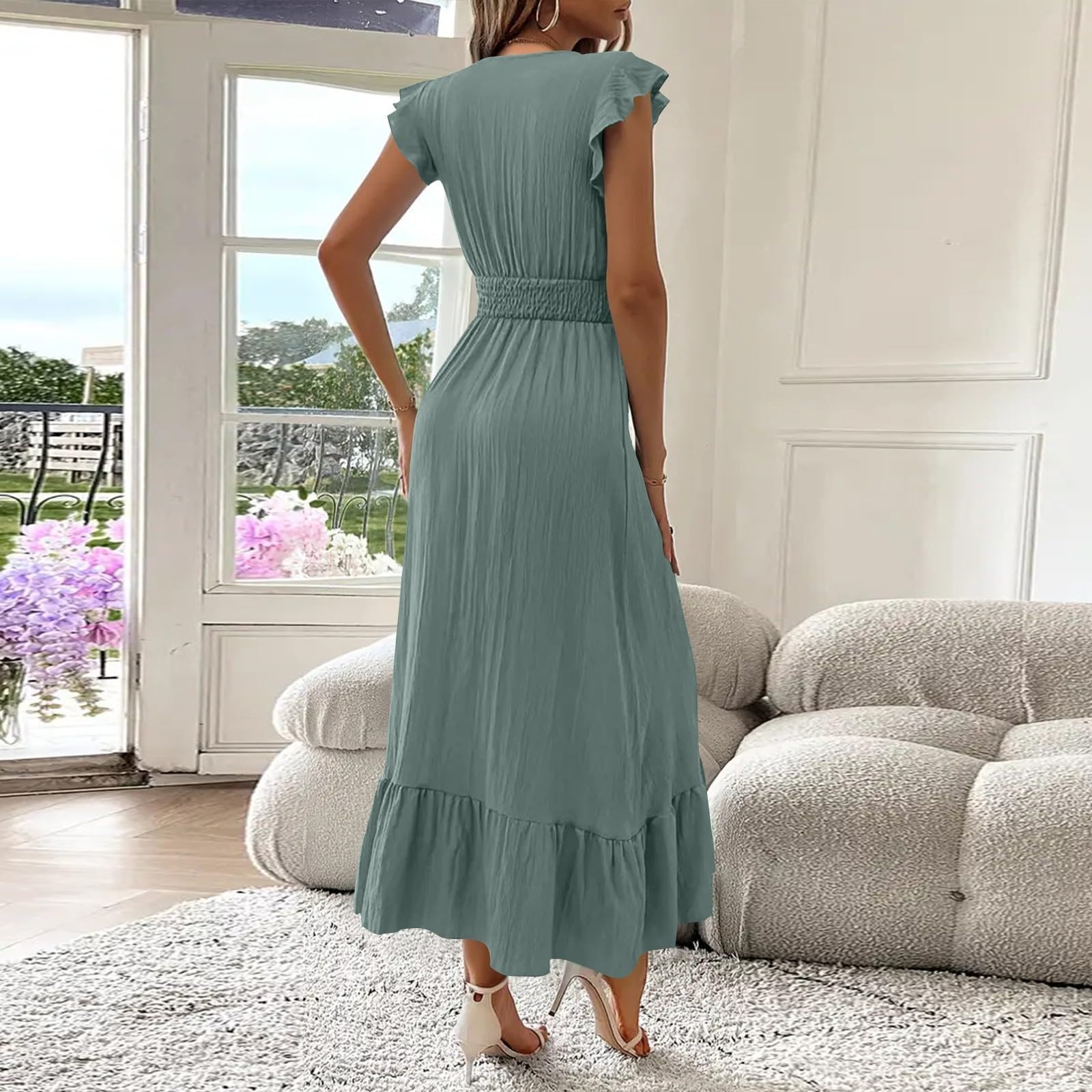 Damen Kleider Sommer Lang Korsett V Ausschnitt Maxikleid Damen Sommer mit Ärmel A Linie Rüschen Sommerkleid Maxi Elegant Plissee Kleid Frauen Tailliert Volant Sommerkleider Leicht Und Luftig