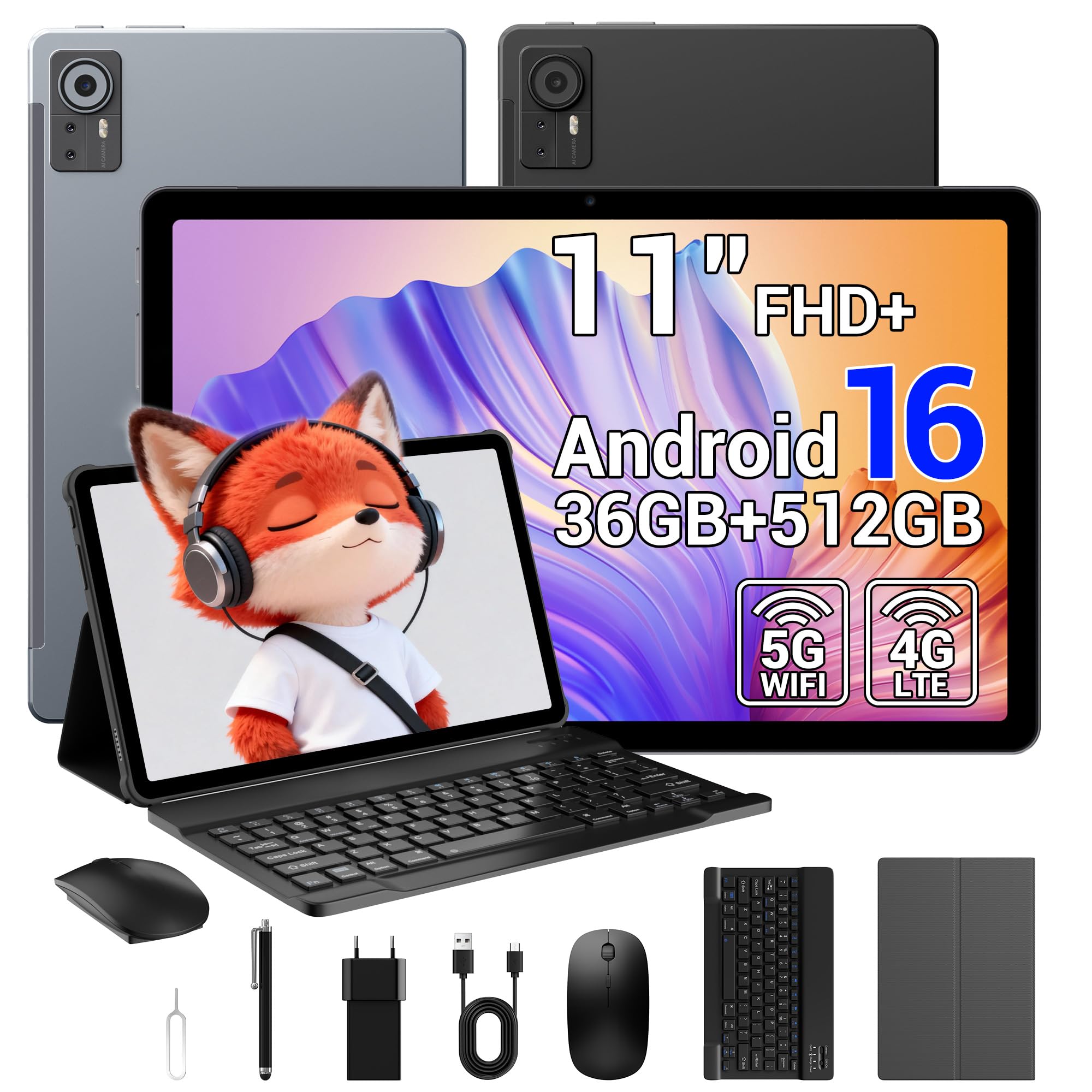 Tablet 11 Pollici Android 16 Tablet con 4G LTE 5G WiFi,36GB(12+24) RAM 512GB ROM (1TB TF), Gemini AI Integrata, 8000mAh,13MP + 8MP, Face ID, WiFi, GPS,Garanzia 2Anni,Tableta con ratón y teclado,Gris