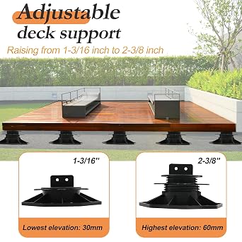30 PCS Adjustable Deck Support Deck Blocks Plastic Pedestal Paver, Shed Foundation Base Deck Block Floor Raising 1-3/16 to 2-3/8, Joist Support Pedestals for Wood WPC Aluminum Foundation Kit