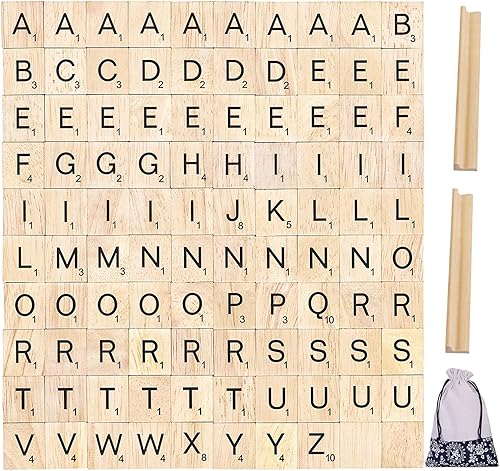 PINOWU 100 piezas de azulejos de letras de madera para Scrabble, reemplazo para letras de Scrabble con estantes de madera y bolsa de regalo de tela,
