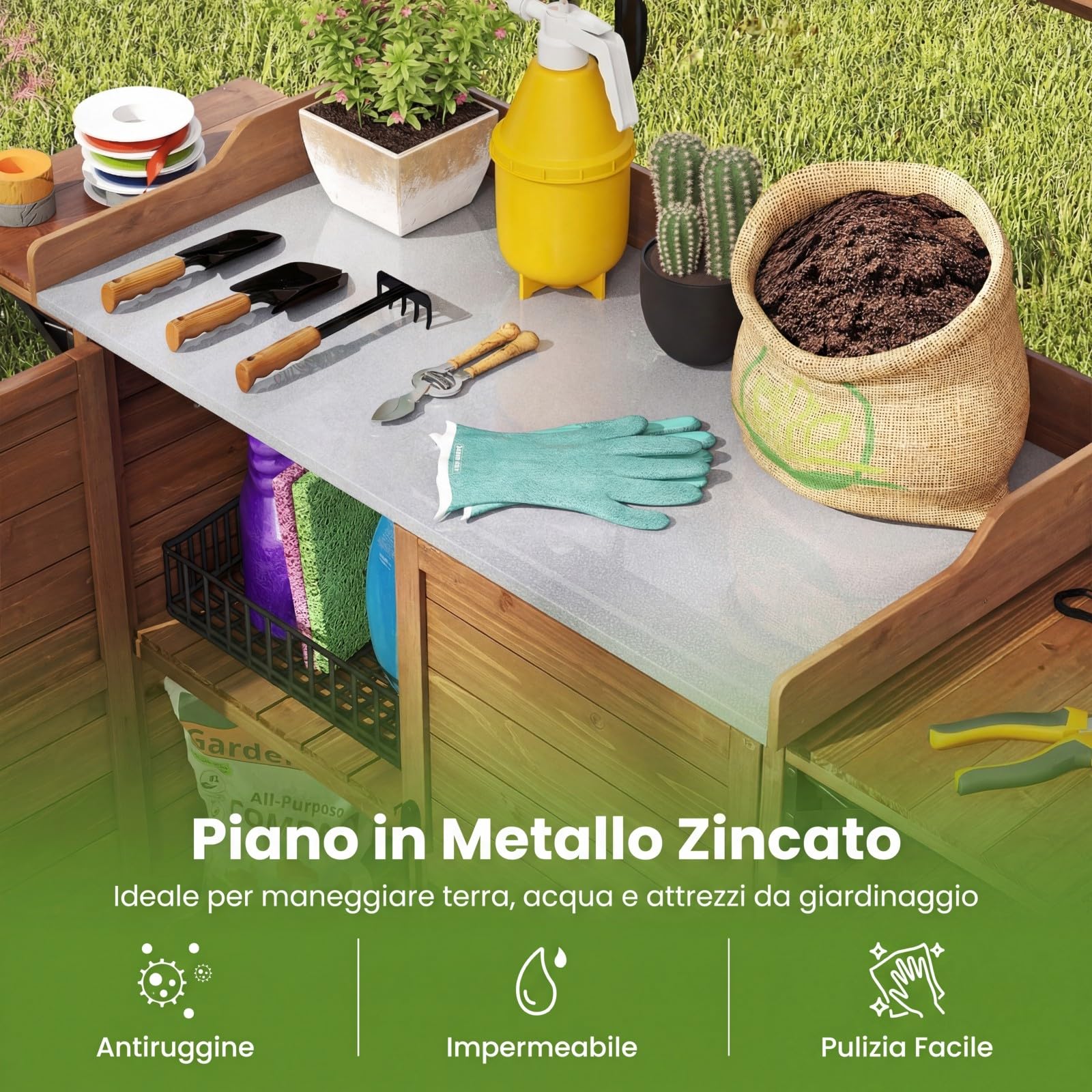 COSTWAY Tavolo da Giardino con Piano Zincato Impermeabile, Mensole Pieghevoli, Ripiano Regolabile, Ganci e Armadietto, Banco per Giardinaggio in Legno da Esterno, 138 x 47 x 128 cm