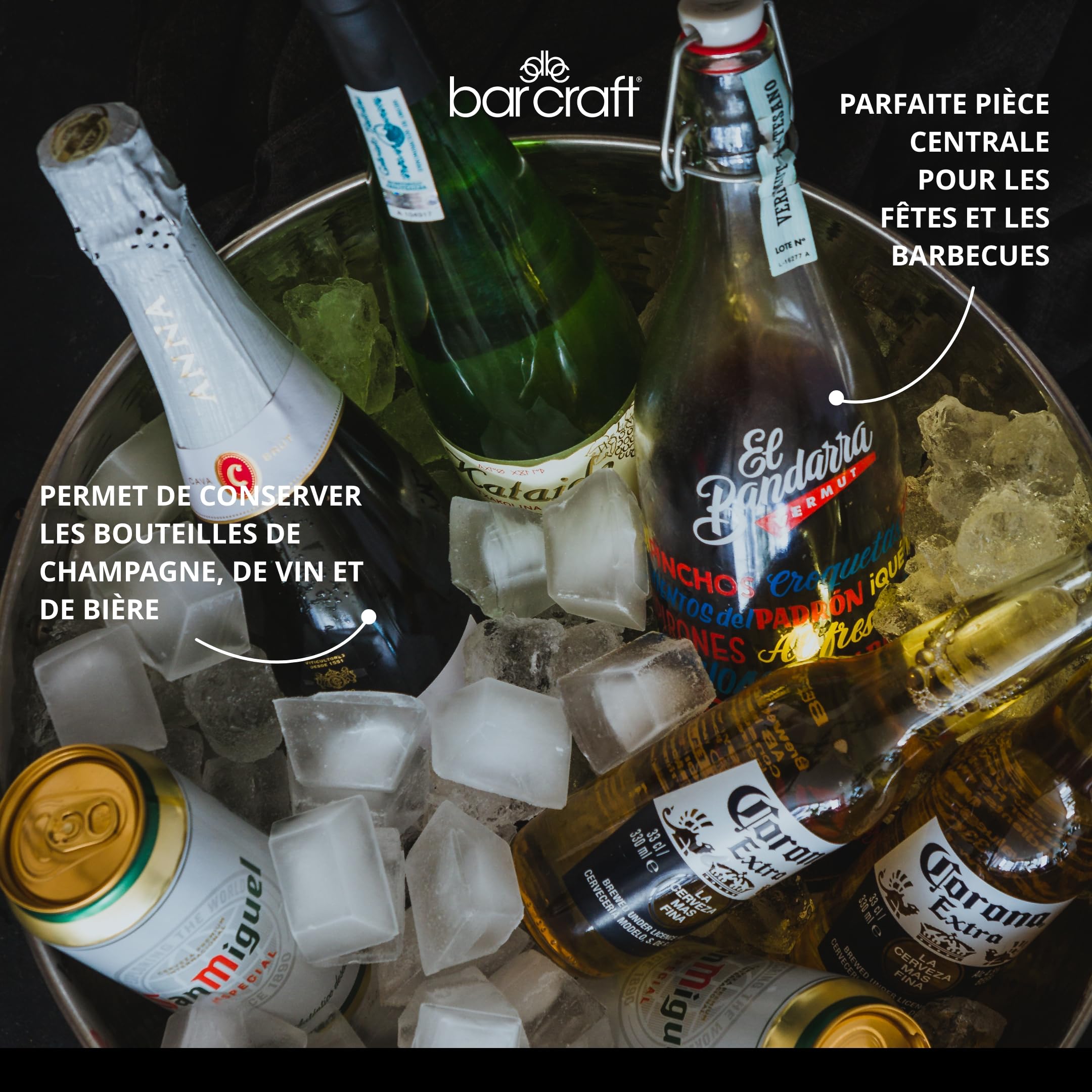 Barcraft Seau À Champagne En Acier Inoxydable Martelé, Refroidisseur De Bière, De Boissons Et De Vin, 37 X 25 cm, Étiqueté Cadeau, Silver