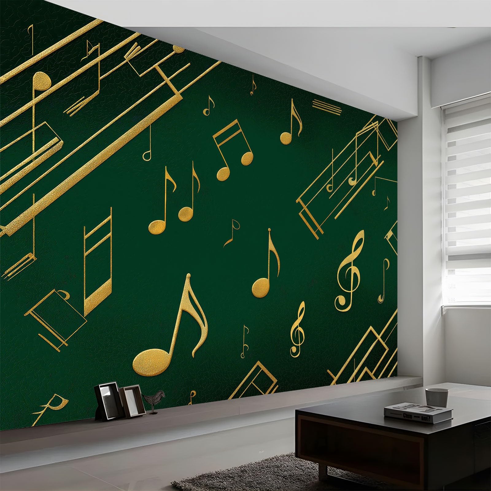 Papel Pintado Panorámico 3D Música Notas Musicales Verde Rayas, Mural de Pared Vintage 250An x 175Al cm para Salón Dormitorio Habitación Infantil - Decoración Mural Fotográfica