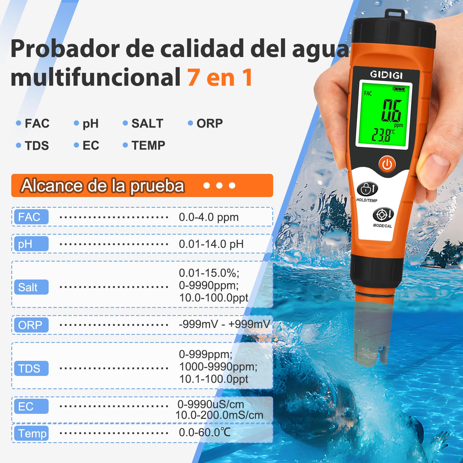 Medidor Cloro pH y Salinidad Piscinas, 7 en 1 pH FAC Sal ORP EC TDS y Temp, Medidor de Cloro para Piscinas, SPA, Acuarios, Hidroponía y Agua Potable, Medidor pH y Cloro Piscina Digital