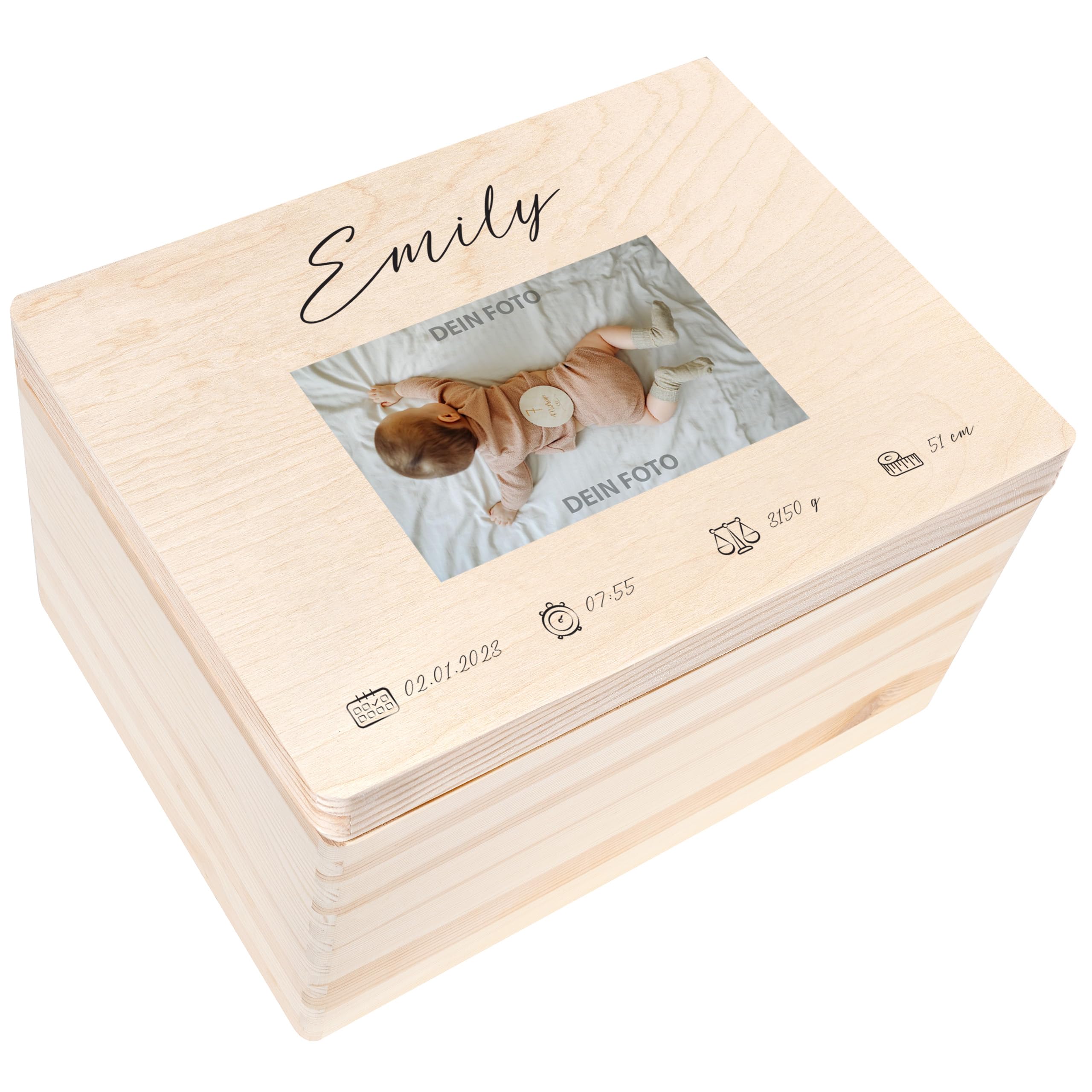 Creative Deco Personalised Photo Baby Memory Box | Custom Image Keepsake Boxes | Unique Gift for Newborn Boy or Girl | Customised Wooden Storage Box with Hinged Lid | UV Print — image 1