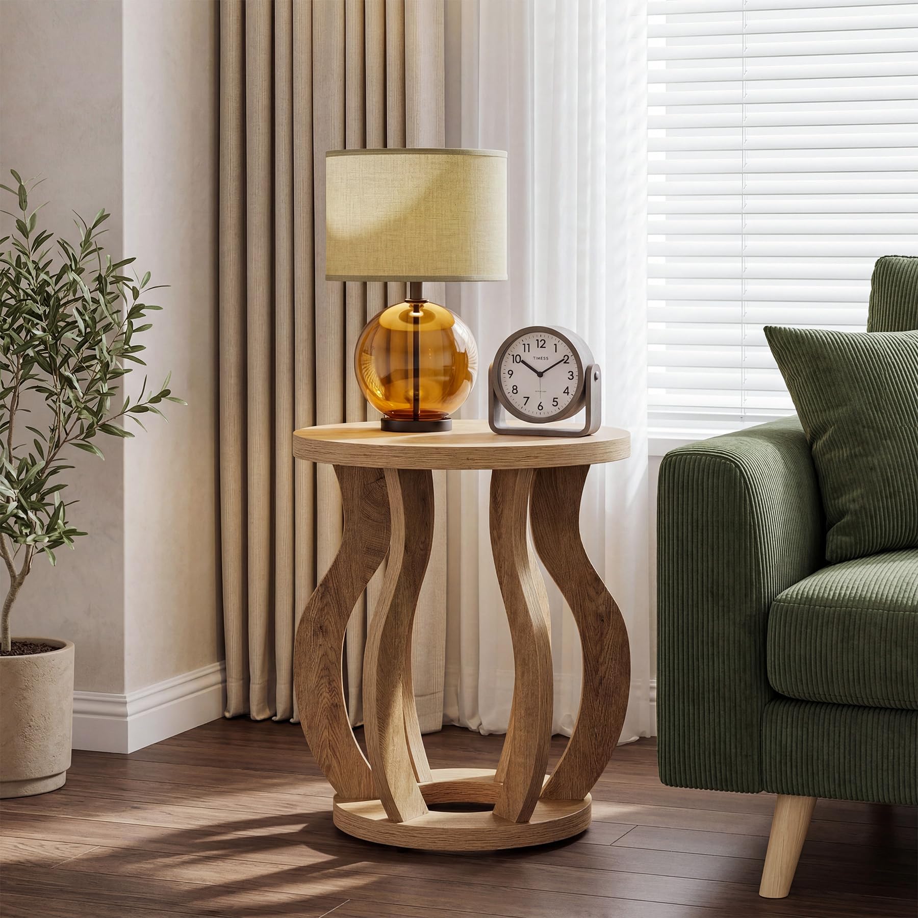 Tribesigns Round End Side Table: Farmhouse Wooden Side Table for Living Room, Bedside Nightstand with Curved Frame, Accent Nightstand for Bedroom, Small Spaces, Brown(1PC)