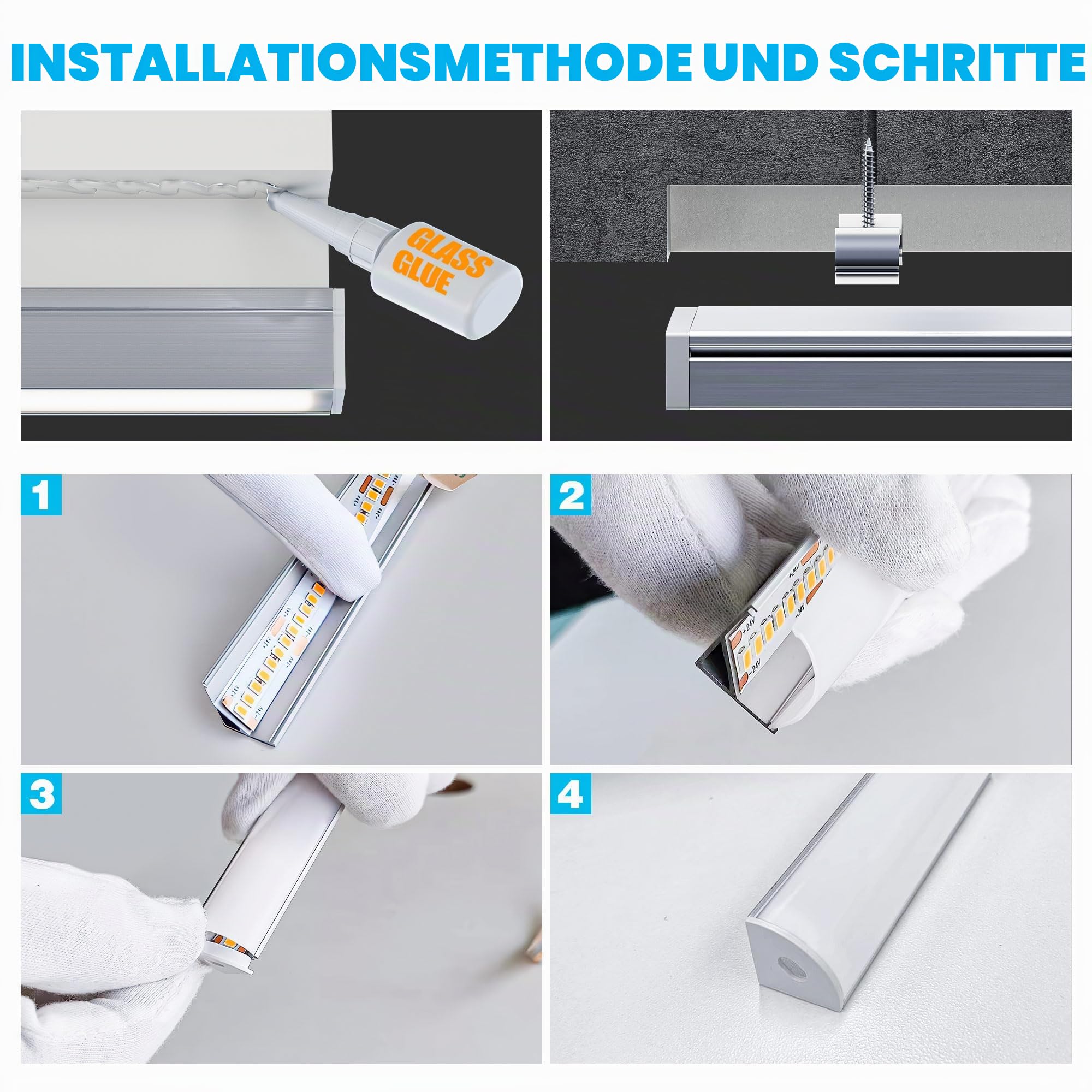LED Eckprofil 1m x 10 – V-Form Aluprofil Profile 45 Grad mit Diffusor, Endkappen und Clips – LED Kanäle Leiste Diffusor Schiene für Streifen mit maximal 10 mm Breite