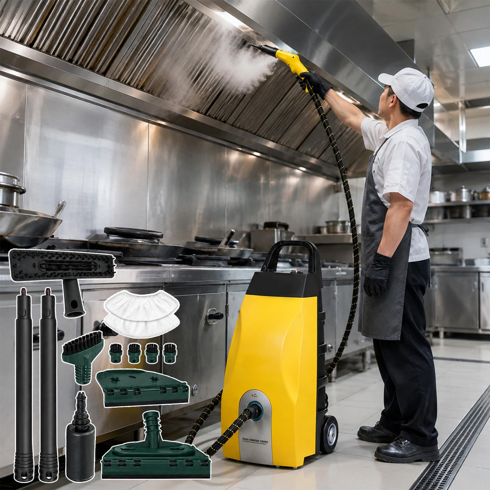 Pulitore a Vapore Commerciale Pesante 3000W Alta Temperatura, Pulitore a Vapore Alta Pressione PRO Auto Interni Tappezzeria, 9 Accessori Tubo 2,5M Cucina Grasso Piastrelle Fughe Yellow