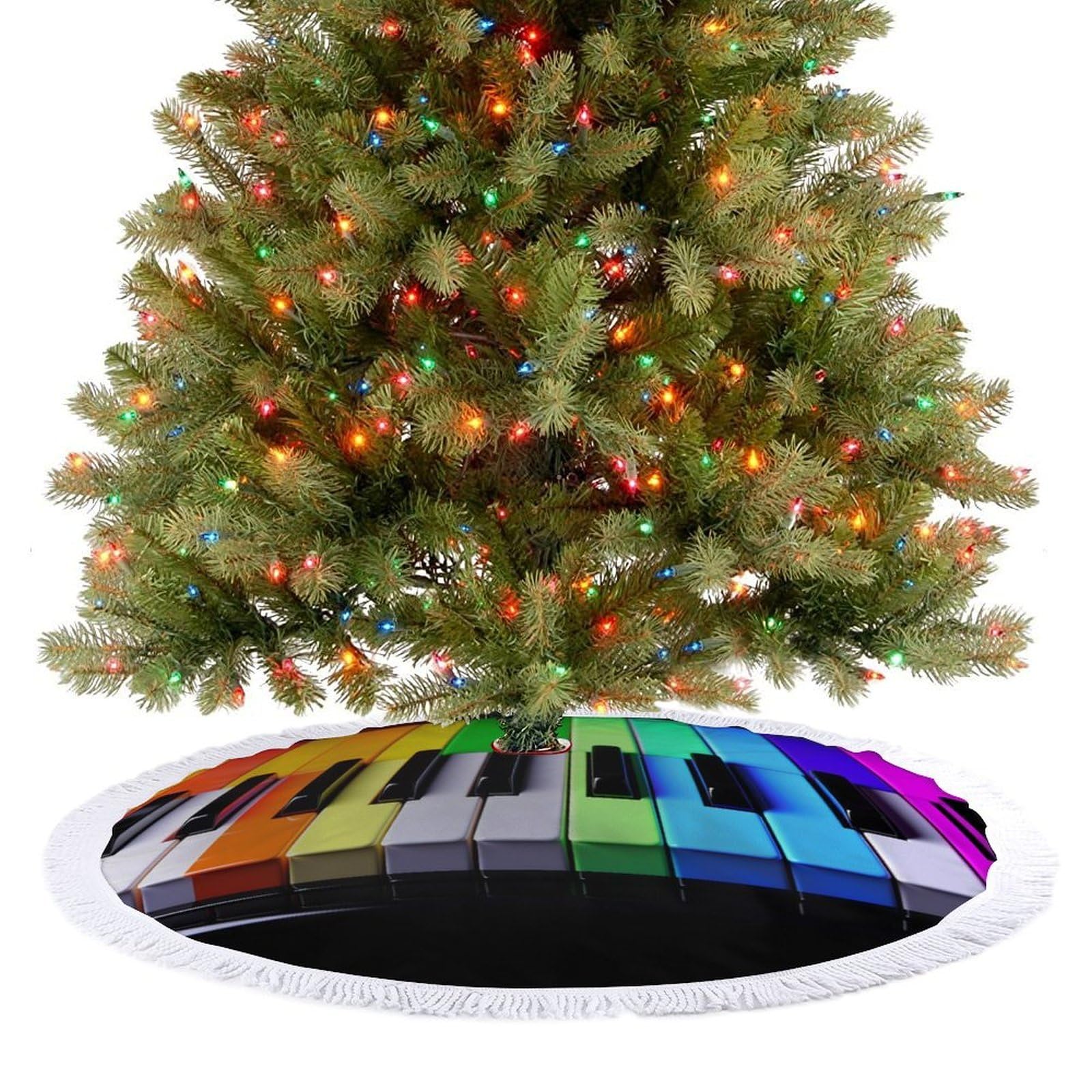 Colorful Piano Music Rainbow Christmas Tree Skirt 48"x48" Rustic Xmas Tree Mat with Tassel Ornament Christmas Trees Cover Skirt Mat for Evergreen Trees Ornament Winter Holiday Mats Decorations