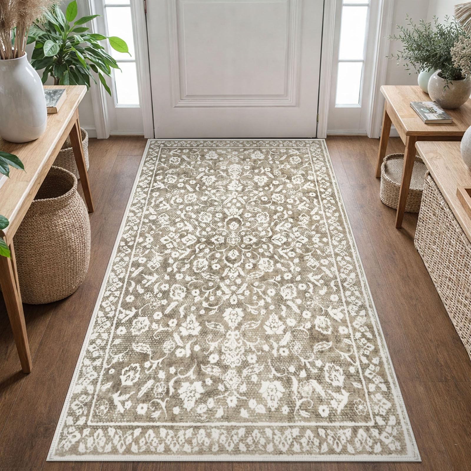 SILOLOOM Vintage 3x5 Washable Rug for Entryway, Super Soft Beige Taupe Entryway Rug Non-Slip, Printed Faux Wool Floral Neutral 3x5 Area Rug Thin Floor