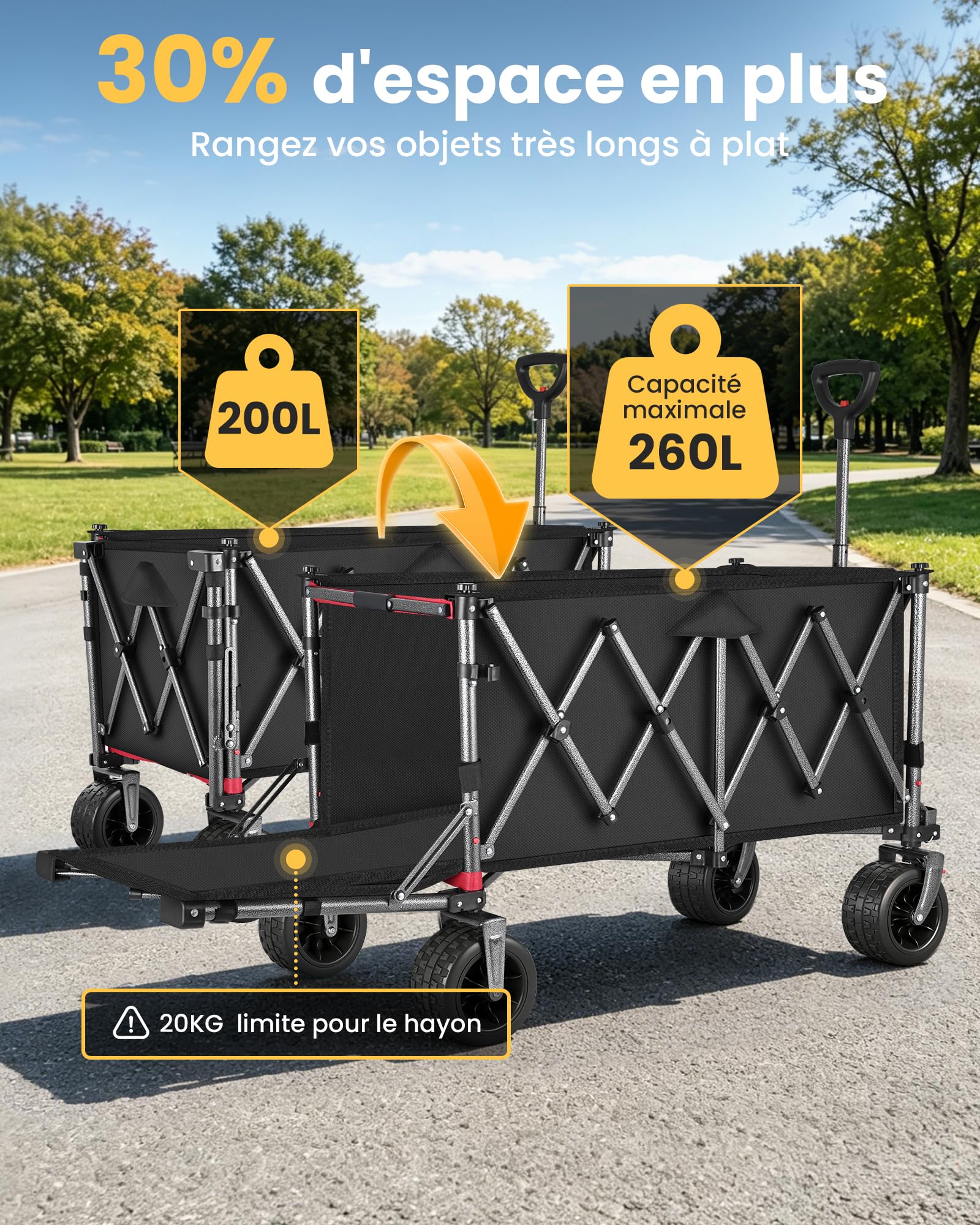 YEAUPE PRO Chariot Pliable 260L 250KG, Chariot de Plage Tout-Terrain Léger 13KG, Roues Large 17cm, Multifonction pour Jardin, Courses, Plage, Pique-Nique & Activités Extérieures