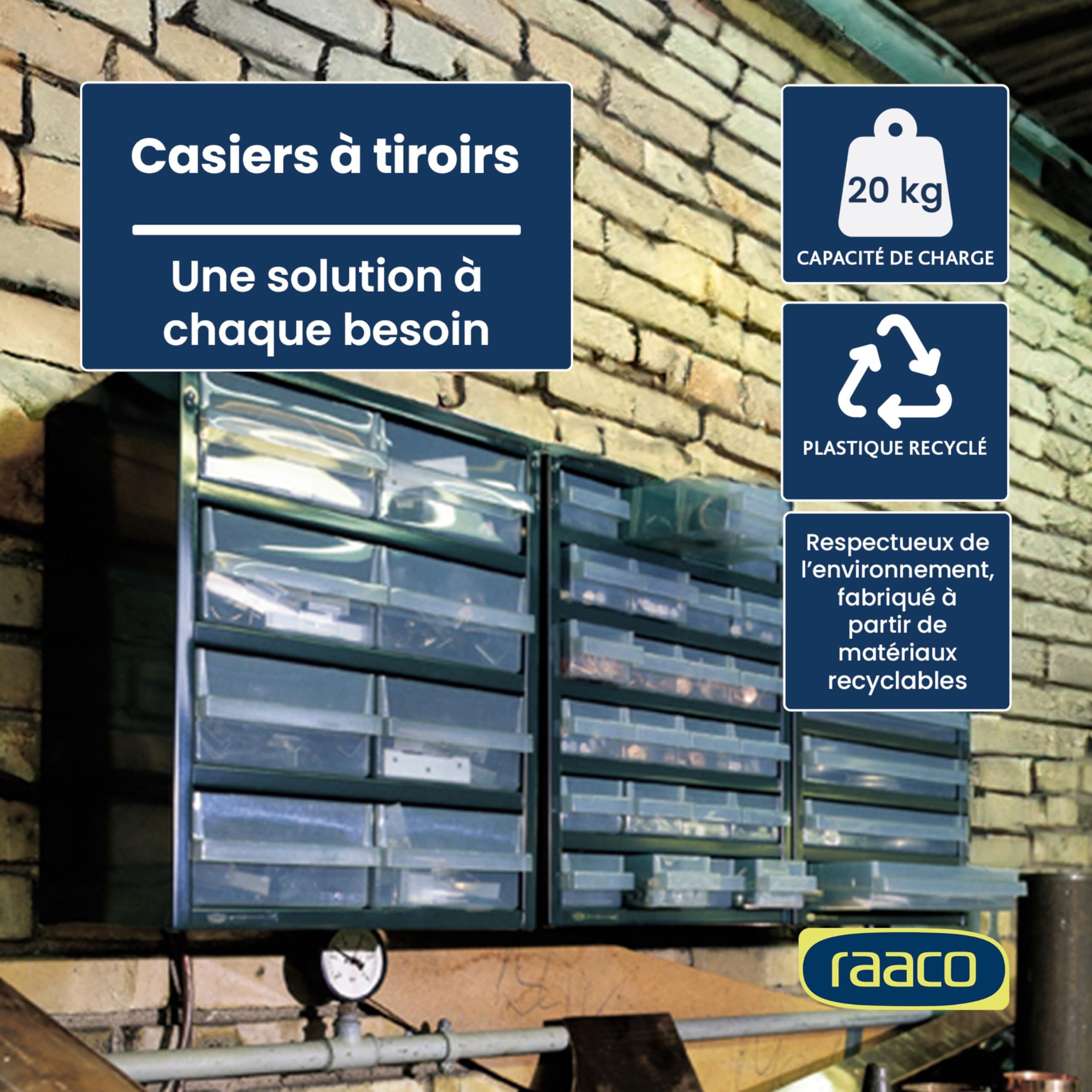 raaco Casiers à Tiroirs C9-18, avec 18 Tiroirs en Plastique, Charge 20 kg, 15 x 30.6 x 41.7 cm, Montable au Mur, pour Rangement Garage & Atelier, Rangement Visserie Atelier