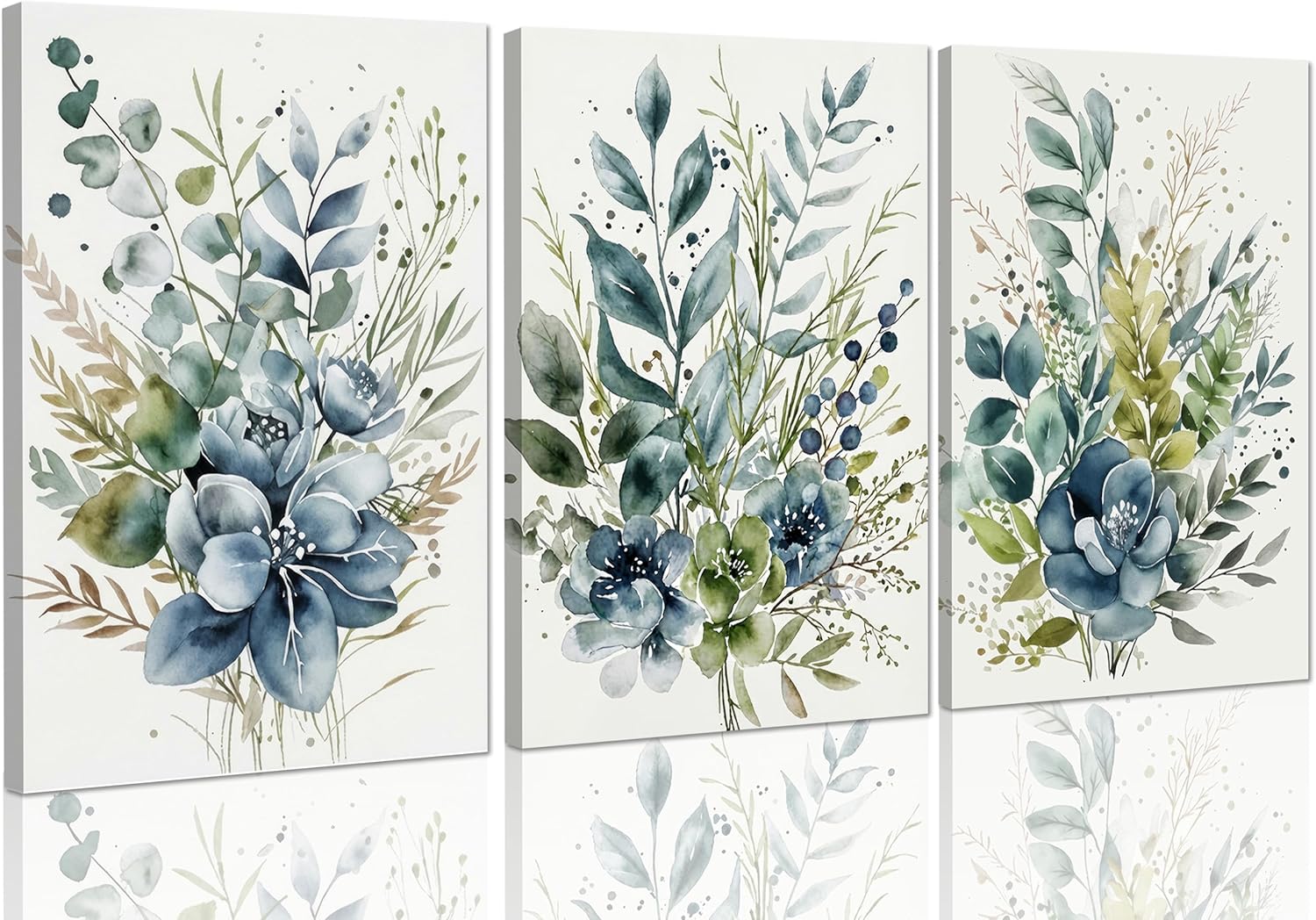 3Pcs Sage Canvas Wall Art, Boho Floral Eucalyptus Leaf Painting Picture Wall Decor, Modern Minimalist Watercolor Botanical Poster Print Artwork, for Bedroom Bathroom Living Home Decoration