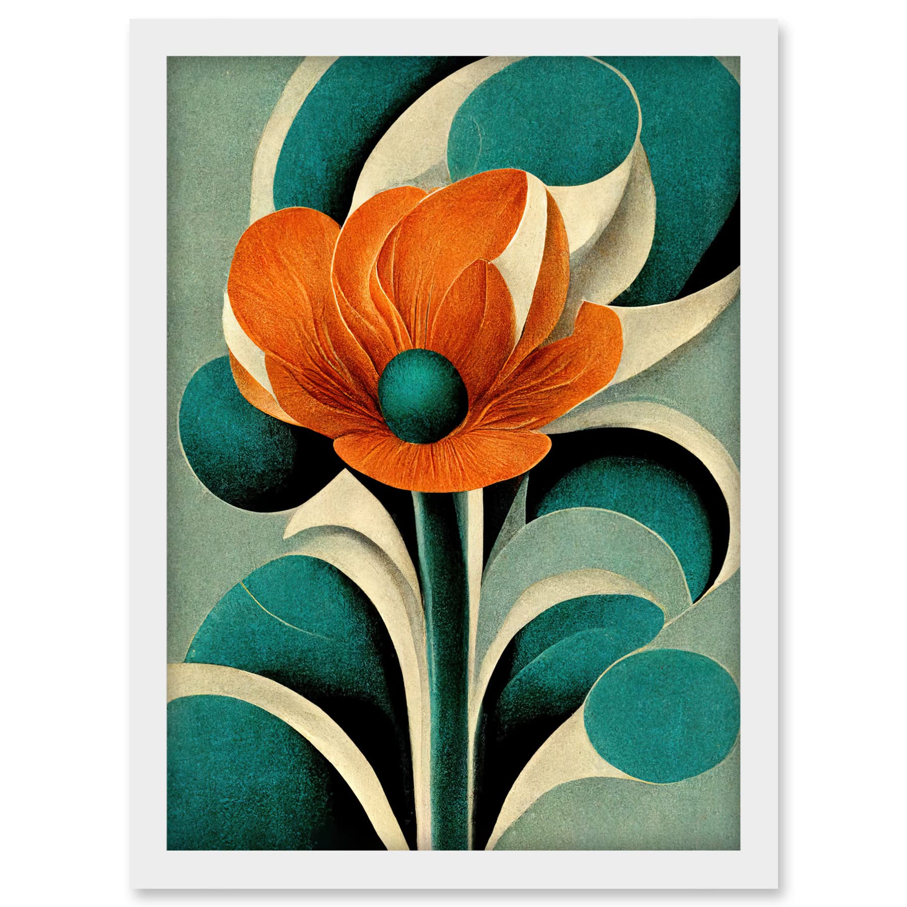Doppelganger33 LTD Art Deco Poppy Flower Teal Orange Cream Artwork Framed A3 Wall Art Print