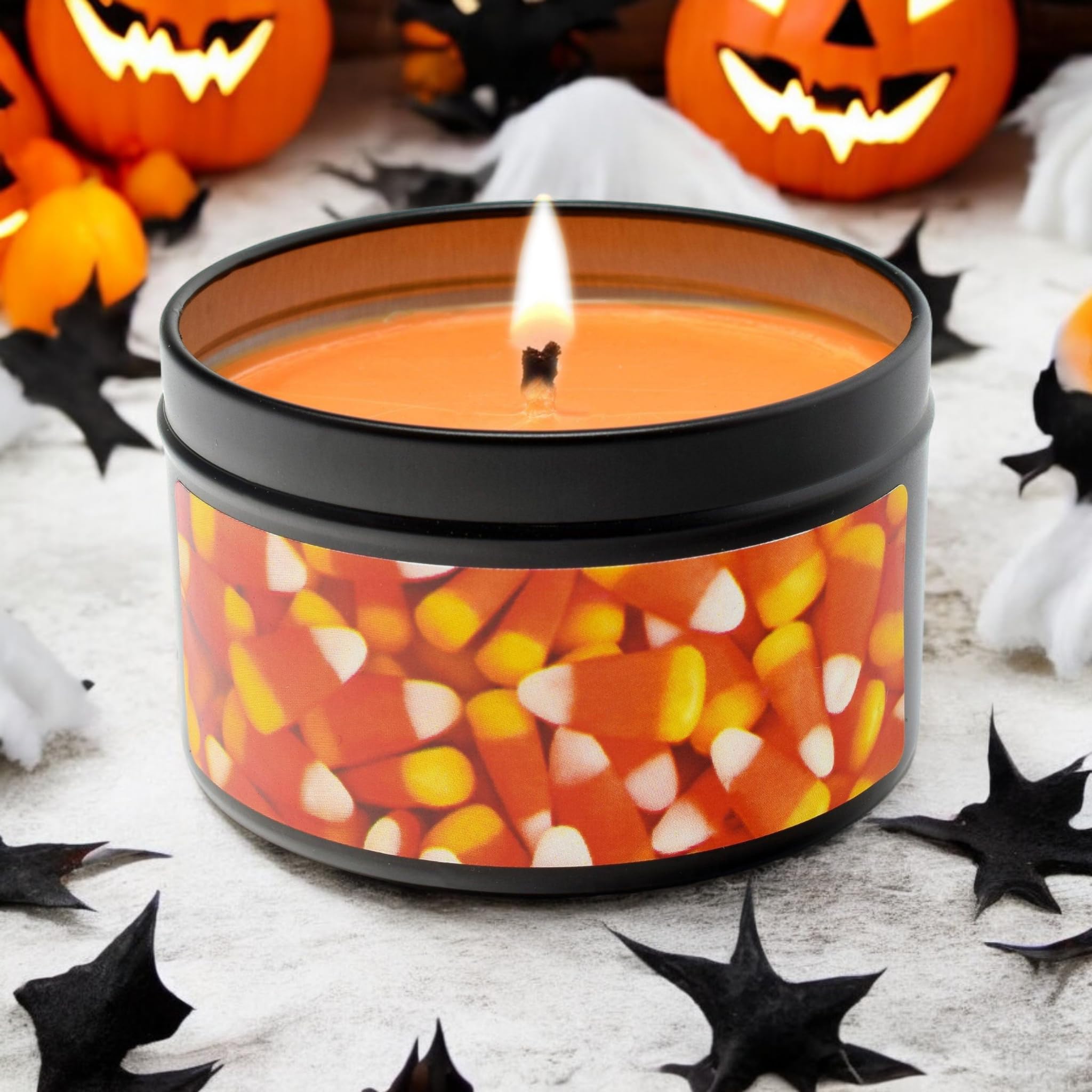 Candy Corn - Halloween Candles - Container Candle, 6 oz - Made with Beeswax, Coconut and Soy - Black Tin Candle - Handmade in The USA - Candeo Candle