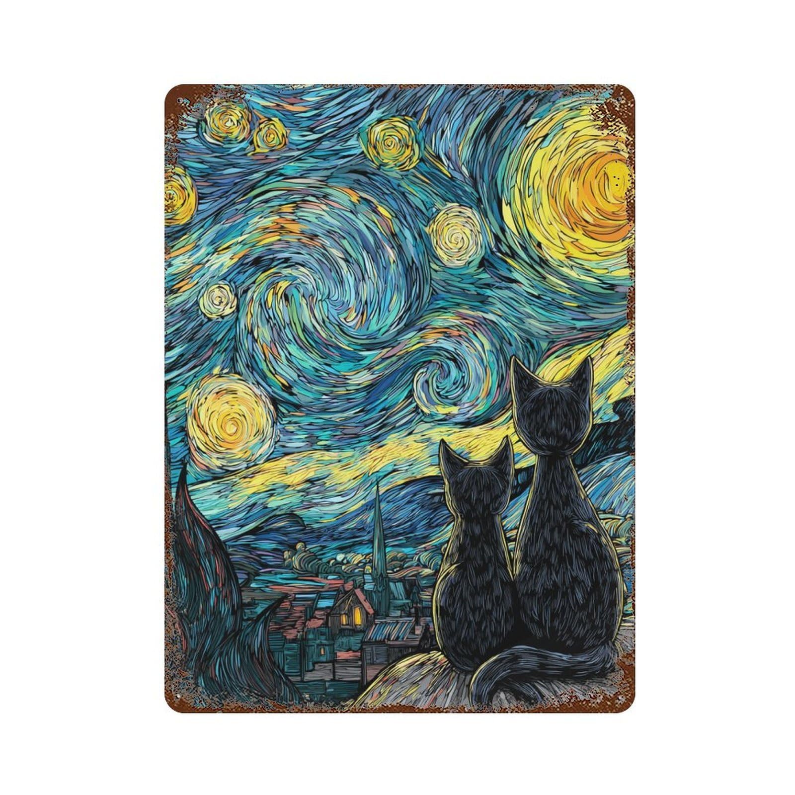 Starry Night Cats Art Print -2 15.7"x11.8" Rusty Metal Tin Sign, Shabby Chic Decor for Bistro, Counter And Cafe Decor
