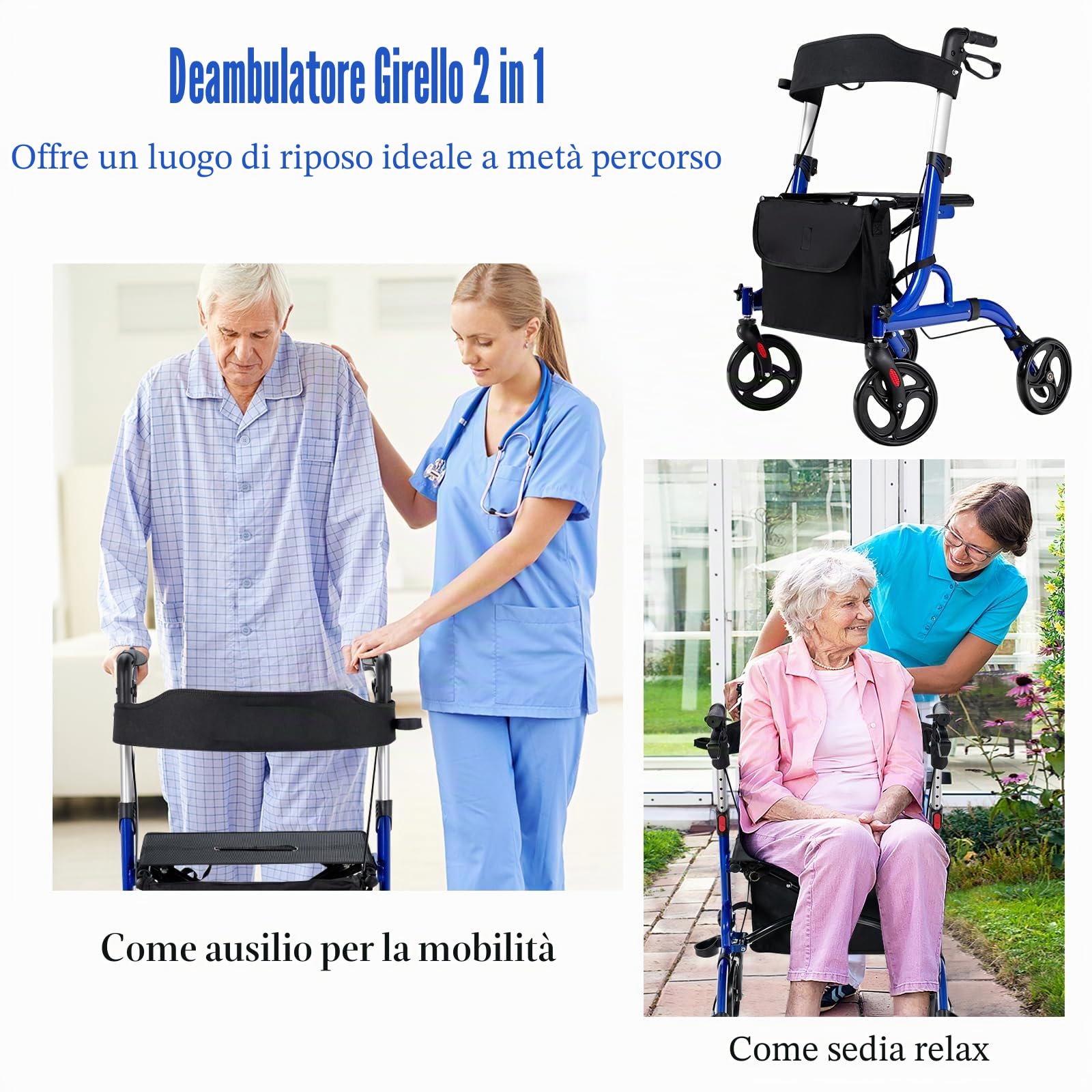 HOMASIS Deambulatore per Anziani 4 Ruote, Carrello per Anziani per Camminare con Seduta e Maniglie Regolabili, Rollator Pieghevole con Doppio Freno/Borsa Portaoggetti, Portata 150kg (Blu)
