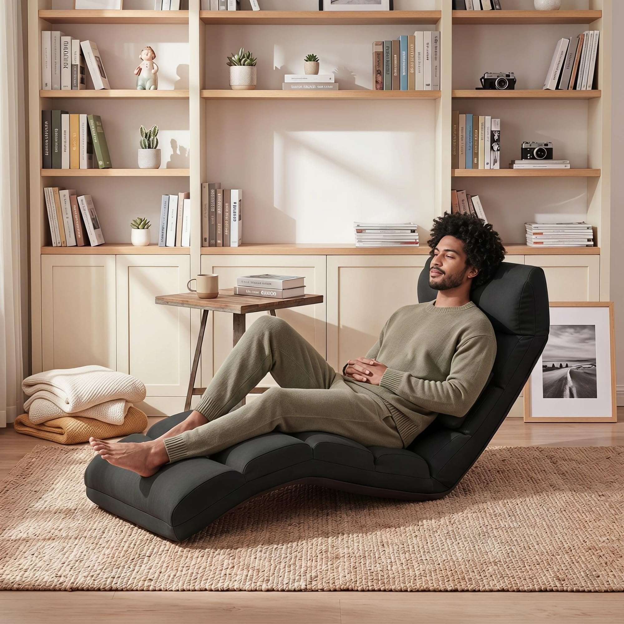 RELAX4LIFE Relaxliege, Bodenliege 5-Fach Einstellbar, Bodenstuhl Faltbar, Relaxsessel mit Kissen, Liegesessel mit Schlaffunktion, bis 120kg belastbar, Klappsessel für Lesen & Schlafen (Schwarz)