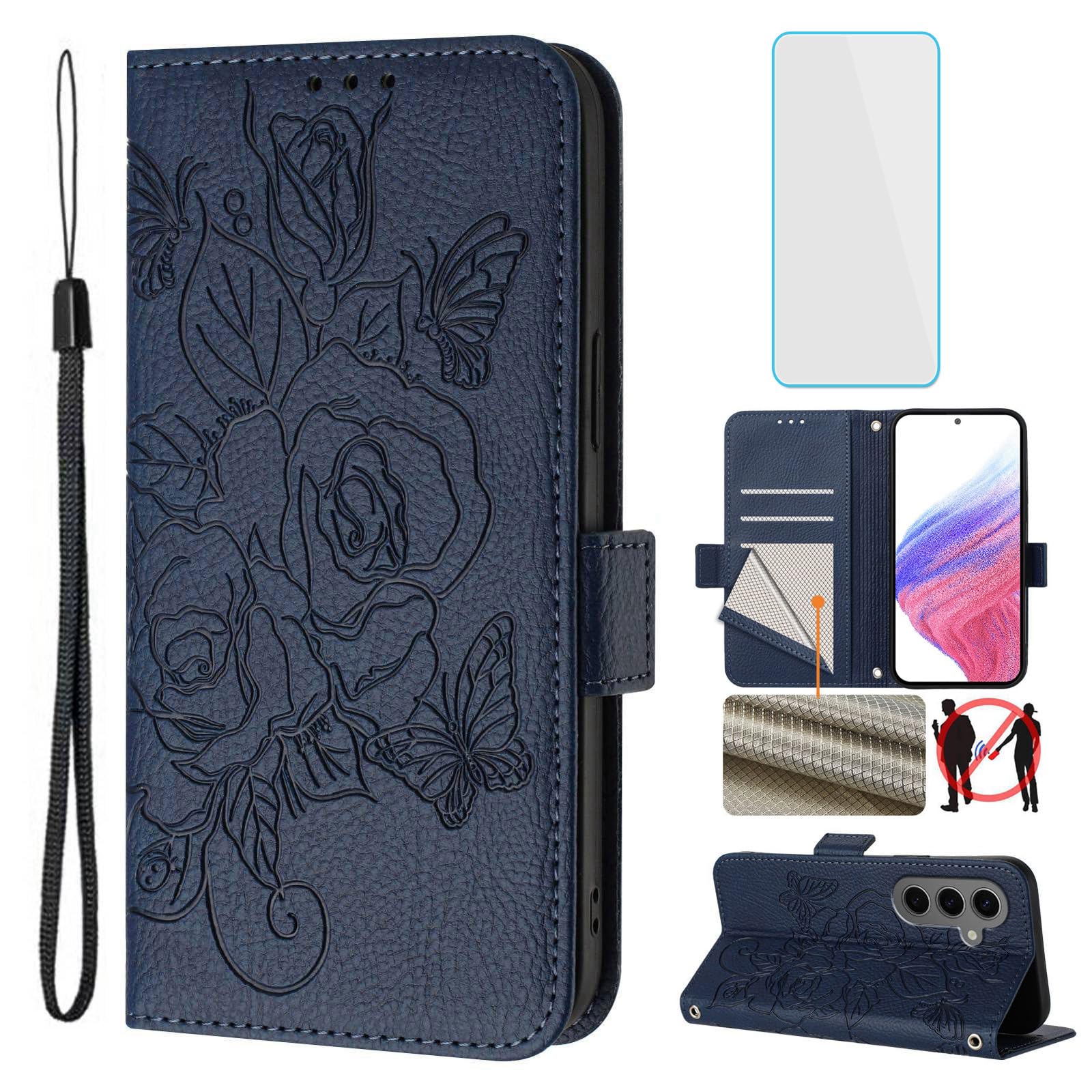 OUEAYIEN for Samsung Galaxy S24 Plus 5G Phone Case Wallet with Screen Protecter RFID Blocking Card Women Cell Phone Cover Floral Blutterfly Case for