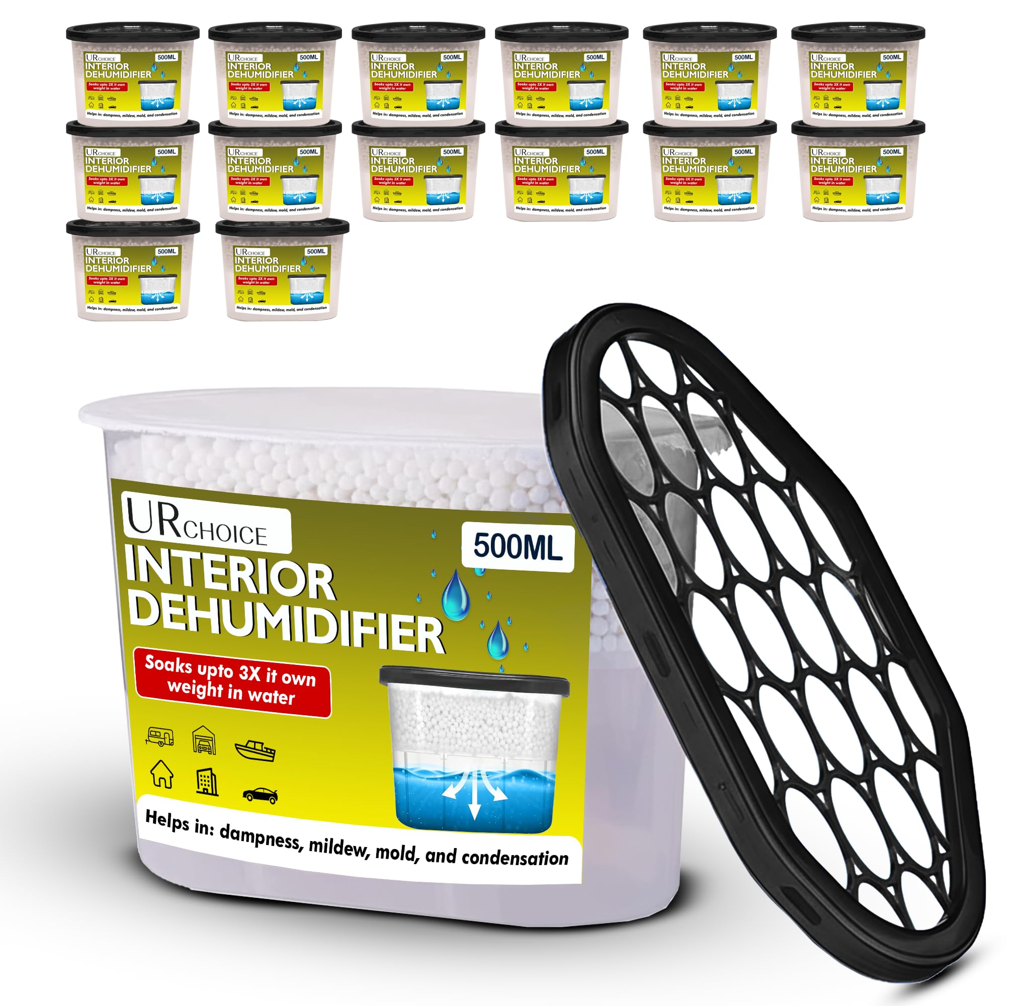 Interior Dehumidifier 500ml Pack of 15, Moisture Absorber & Condensation Remover for Damp, Mould, Musty Smell, Disposable Dehumidifiers for Home, Bedroom, Kitchen, Wardrobe, Bathroom, Caravan
