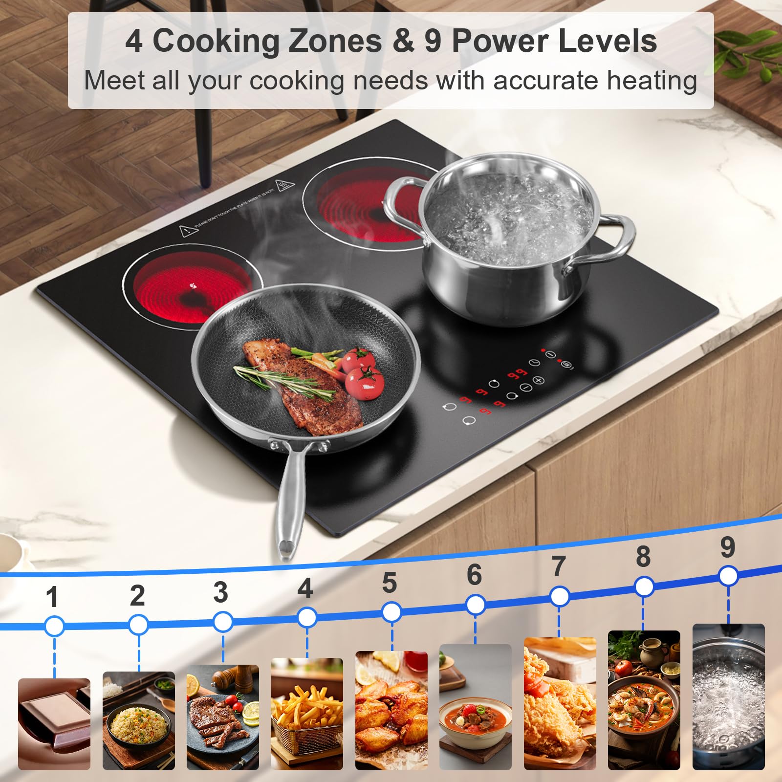 Ceramic Hob 4 Burners 60cm, Built-in 4 Zone Electric Ceramic Hob, 6000W, Touch Control, 9 Power Levels, 1-99 Min Timer, Child Safe Lock, Heat Indicator, for all pots and pans - 4