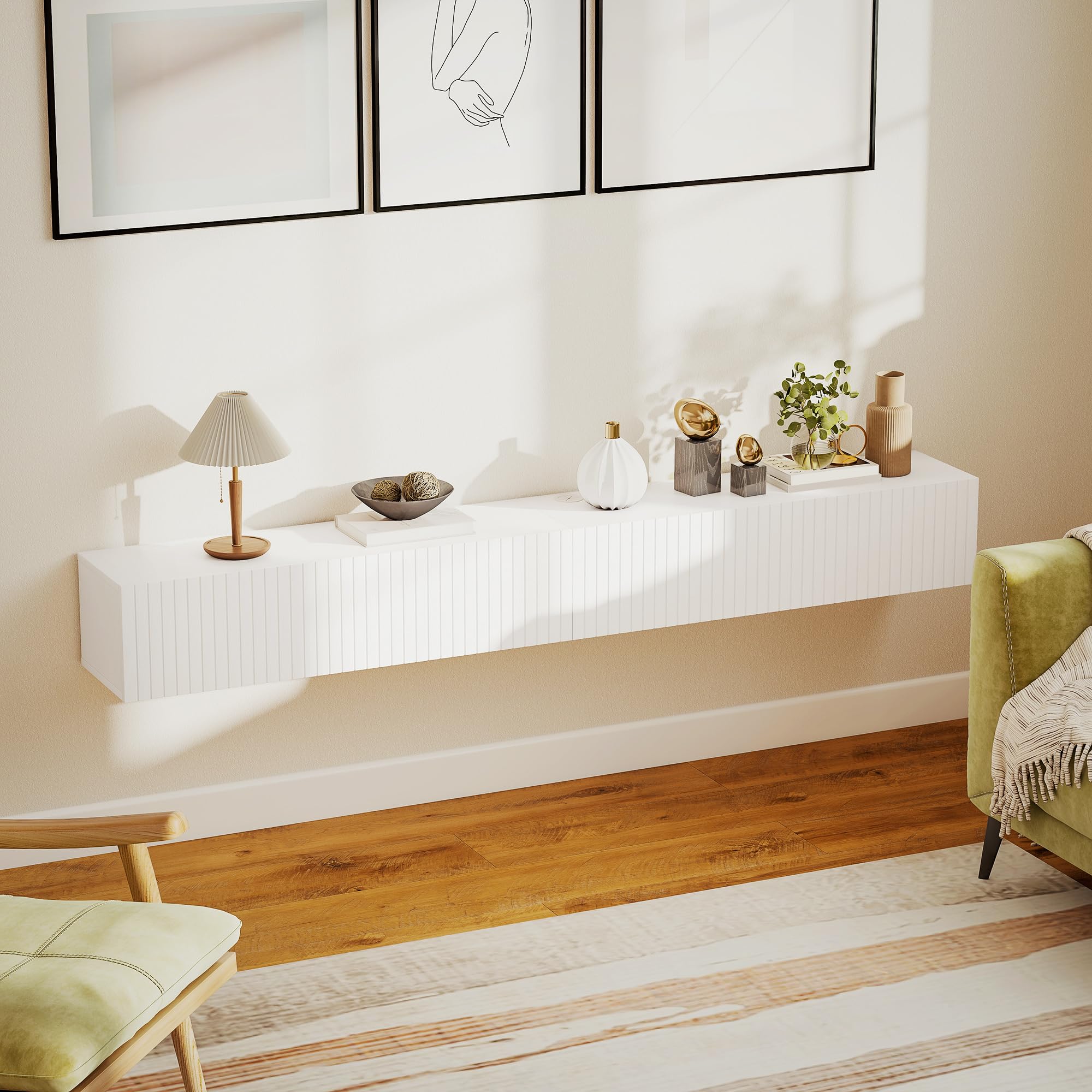 HOMCOM Meuble TV Suspendu 180 cm pour Téléviseur 72 Pouces Blanc | Meuble Télé, 2 Portes Cannelées Rabattables, Banc TV Mural Flottant, Salon, Chambre à Coucher
