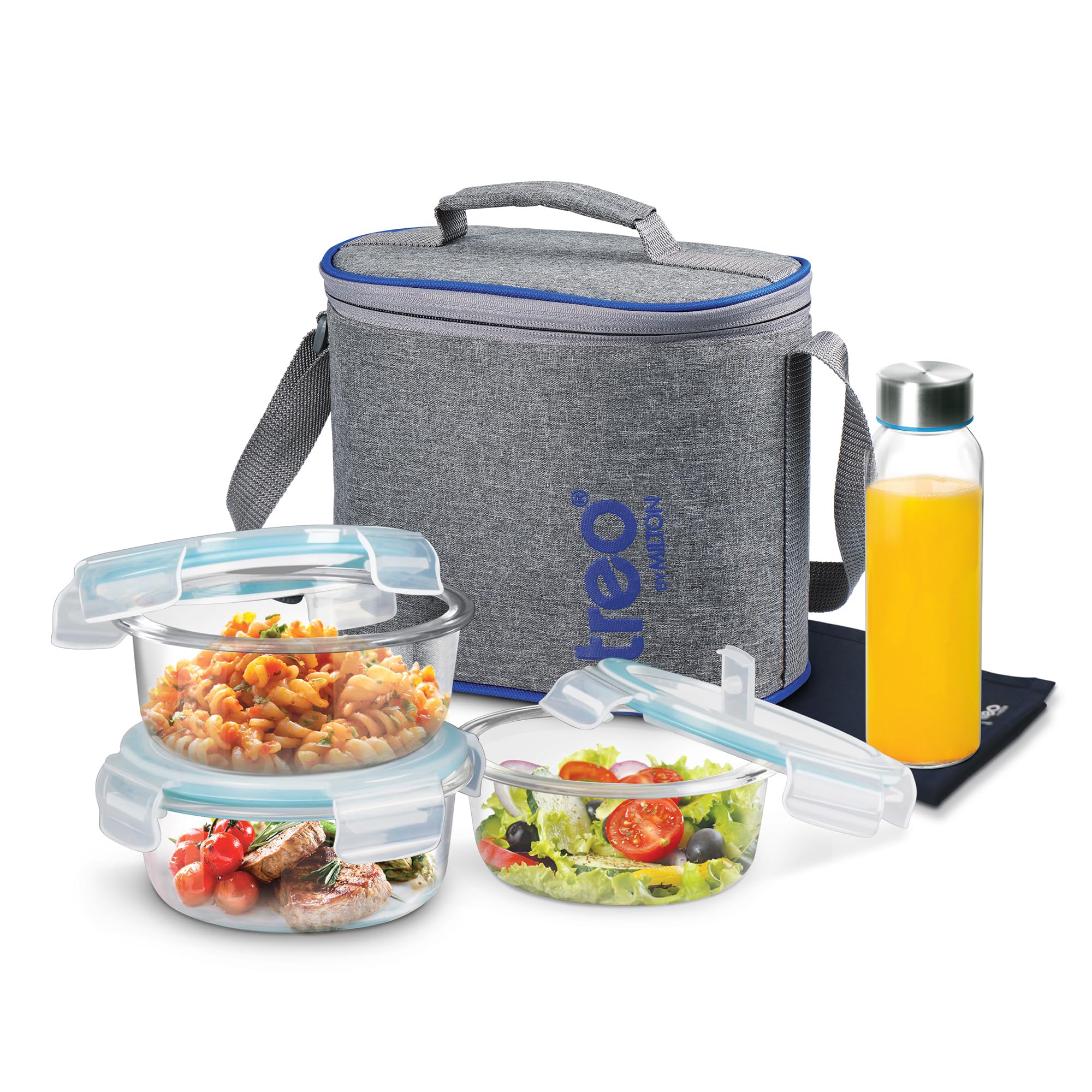 Treo By Milton All Fresh Premier Glass Lunch Box, Set of 5 (3 Round Containers 400 Ml Each; Bottle, 250 Ml & Dinning Mat) With Bag, Microwave & Dishwasher Safe, Leak Proof, Borosilicate Tiffin
