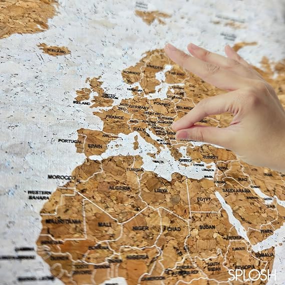 Splosh Travel Map - Desk World Map Pin Board in White Wooden Frame World Map Cork Board with 100 Pins in 2 Colours to Mark Your Past and Future Adventures Framed World Maps for Desks.