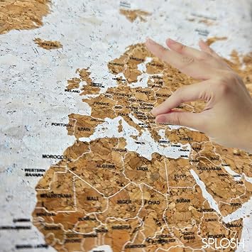 Splosh Travel Map - Desk World Map Pin Board in White Wooden Frame World Map Cork Board with 100 Pins in 2 Colours to Mark Your Past and Future Adventures Framed World Maps for Desks.