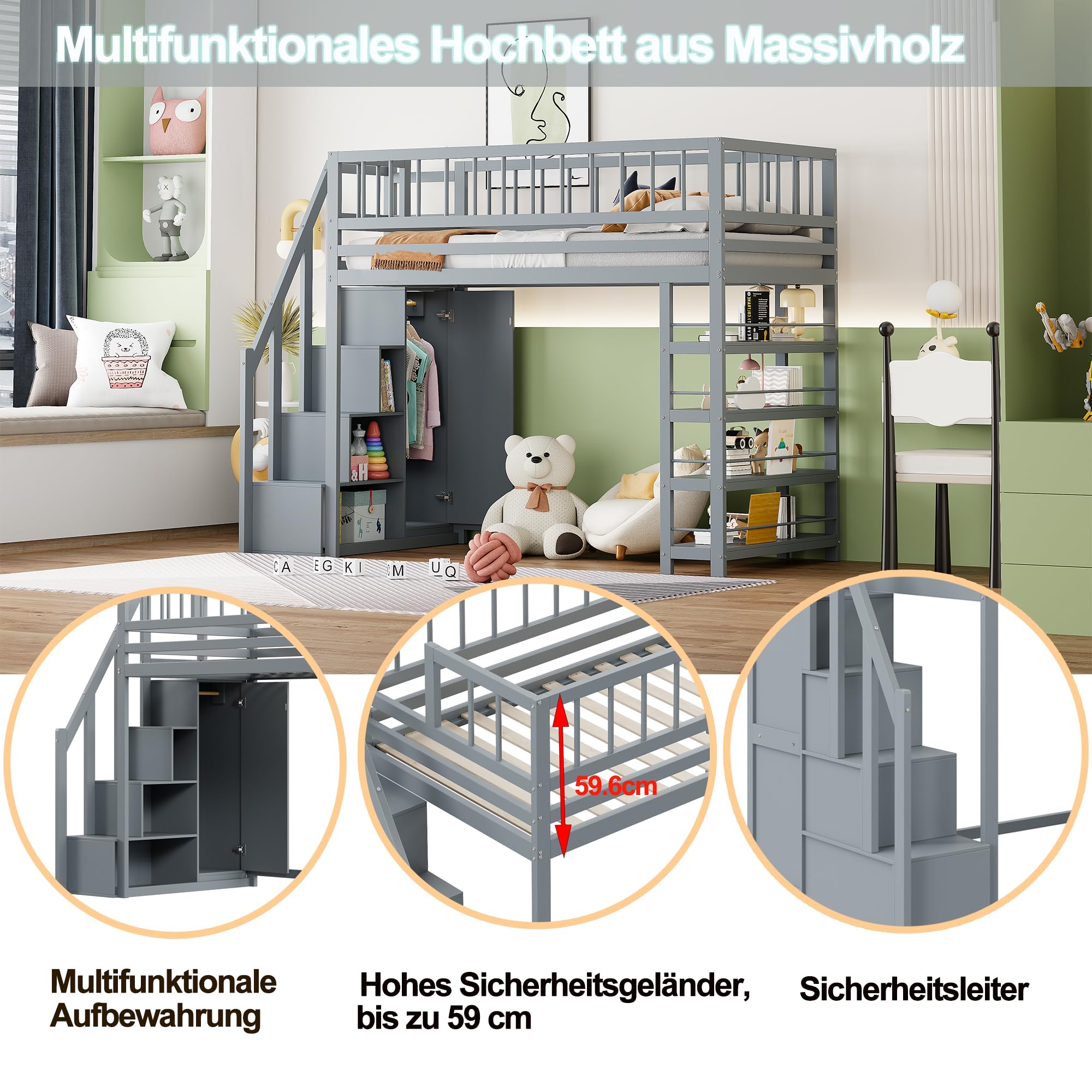 Huayz Letto a soppalco 90 x 200 cm, letto singolo, design di sicurezza con armadio, scaffali e spazio con scala di sicurezza, letto multifunzione, letto in legno massiccio