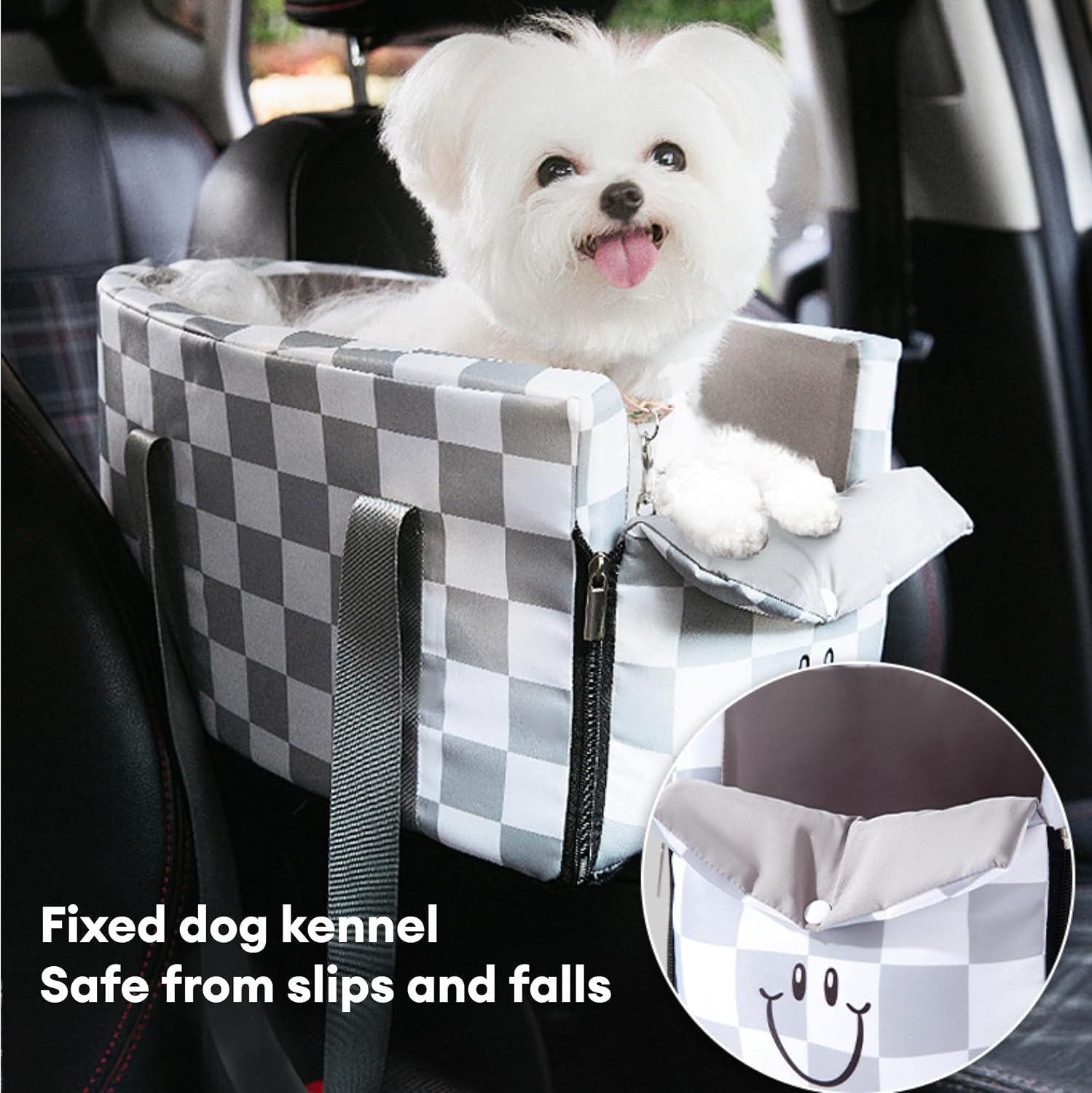 Center Console Dog Car Seat for Pets Up to 15 lbs, Detachable, Washable Cushion, Anti-Slip, Perdurable Oxford Fabric Dogs Cats Portable Travel Carrier, Safety Belt Leash (Grey Plaid, 45cm*25cm*22cm)