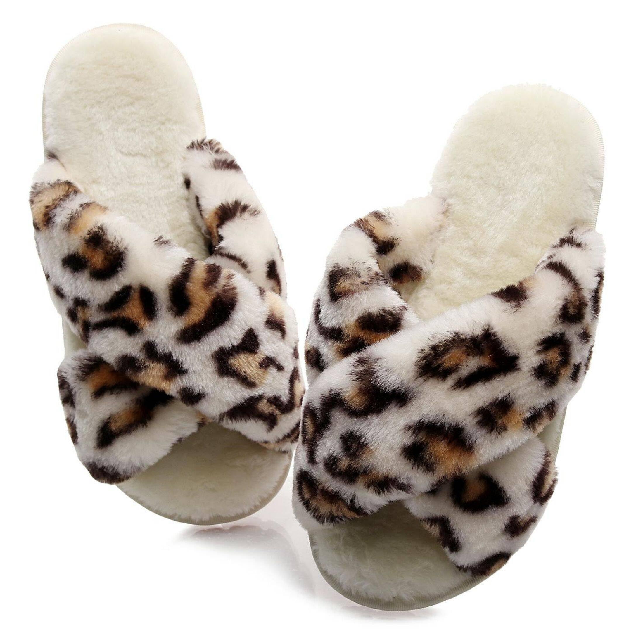 Crazy Lady Women's Fuzzy Fluffy House Slippers Cute Plush Memory Foam Shoes  Cross Band Indoor Outdoor Open Toe Sandals