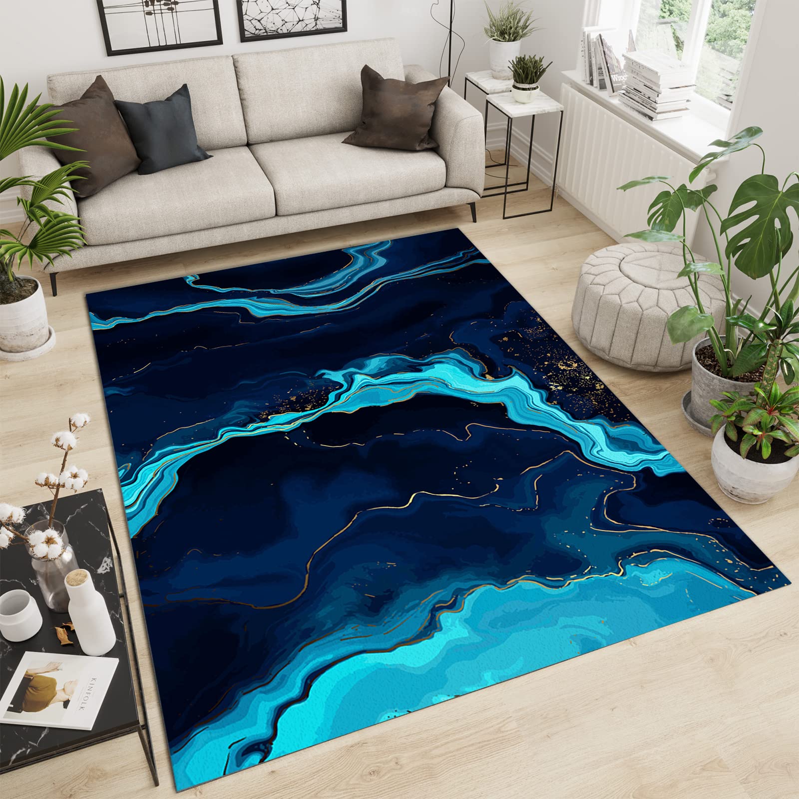 Tapis luxueux en marbre bleu foncé avec lignes en relief - Lavable - En velours doux - Idéal pour café et bureau - 180 x 270 cm