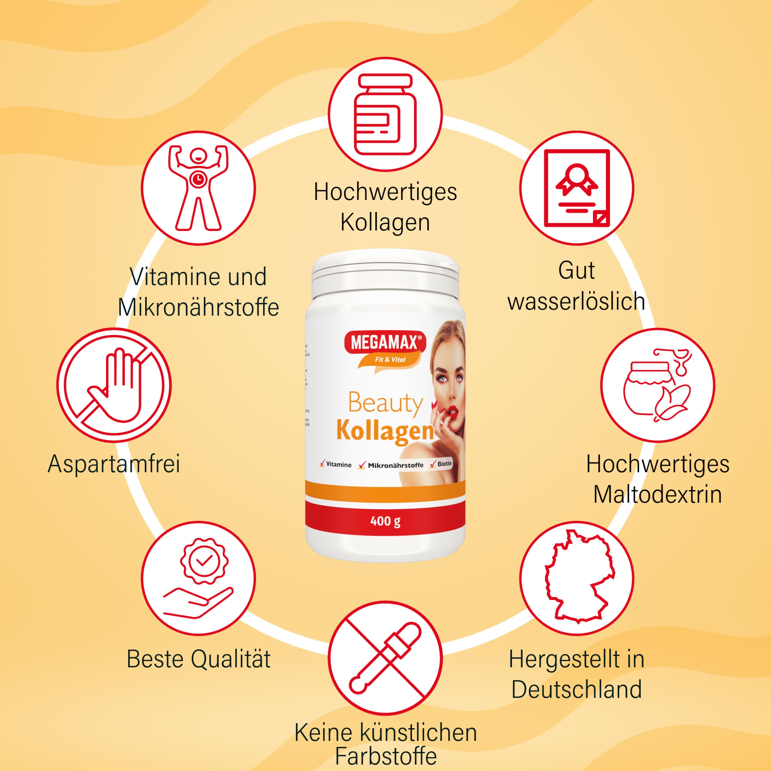 Megamax Nutrition - 3 X 400 g - Beauty Kollagen Pulver - mit Collagen-Hydrolysat Biotin Vitamin C. Orangen-Geschmack. Ideal als tägliche Ergänzung für Haut, Haare und Nägel*.